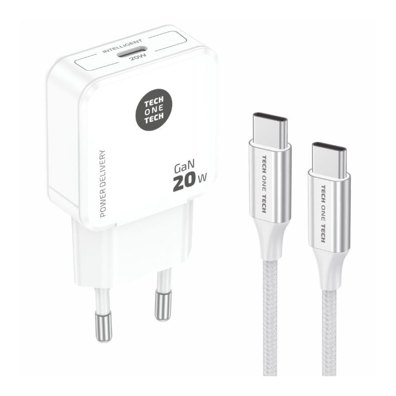 Tech One Tech Cargador Pared · USB-C 20W · Cable incluido · Blanco