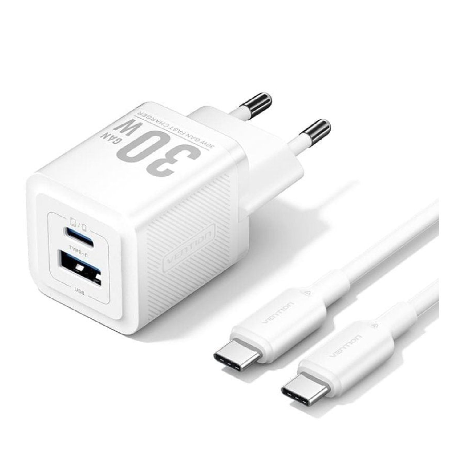 Vention · Cargador GaN · 30W · 1x USB-C + 1x USB · Con Cable USB-C