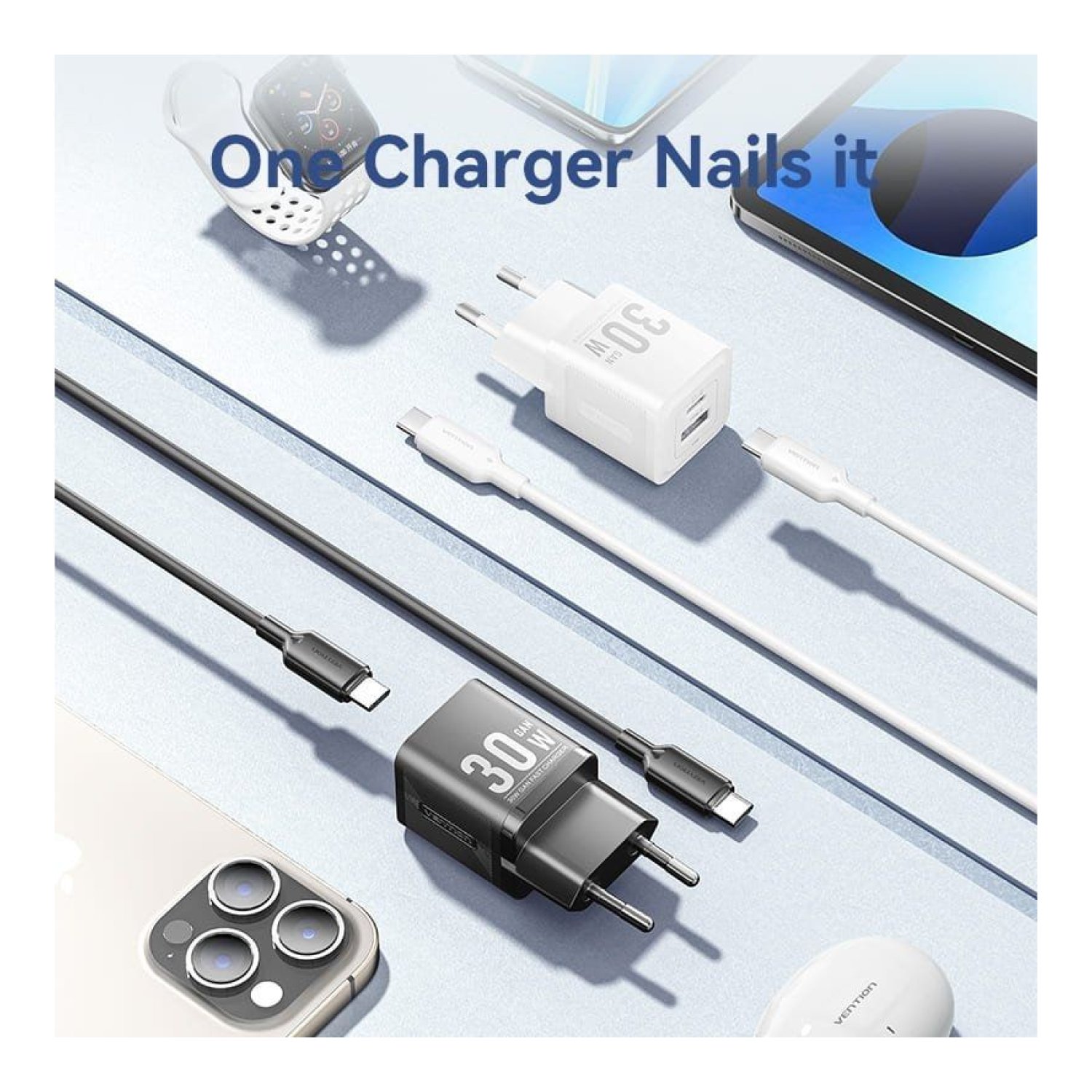 Vention · Cargador GaN · 30W · 1x USB-C + 1x USB · Con Cable USB-C
