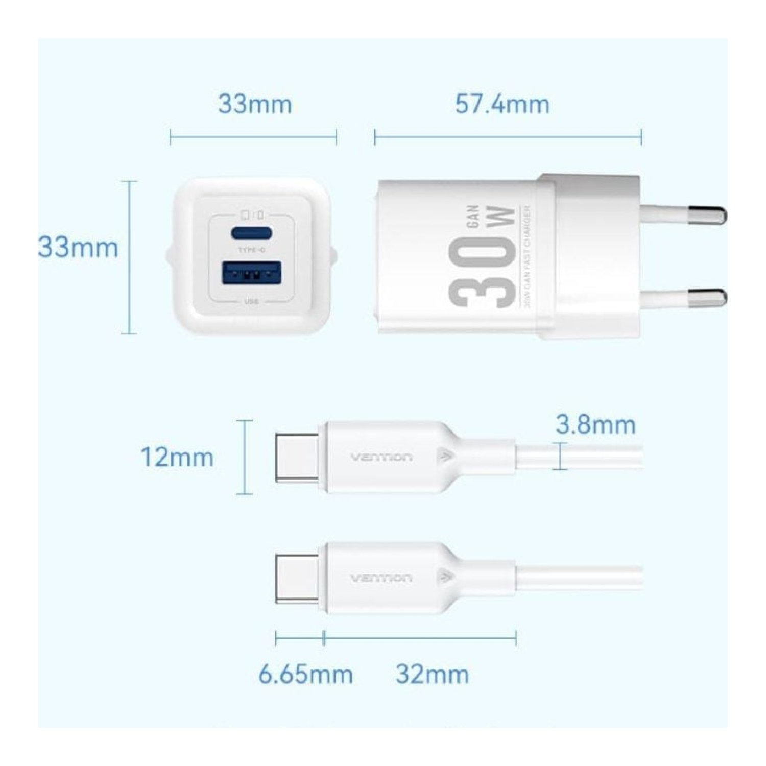 Vention · Cargador GaN · 30W · 1x USB-C + 1x USB · Con Cable USB-C