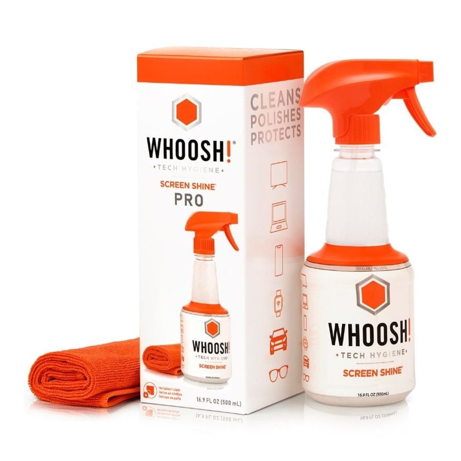 Whoosh · Kit Limpiador Pantallas · Spray 500ml + Paño Microfibra