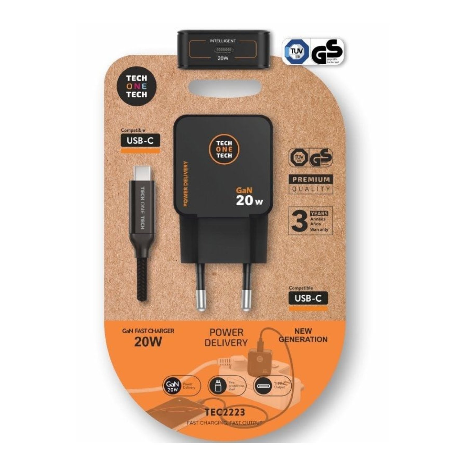 Tech One Tech · Cargador GaN · USB-C · 20W · Cable incluido · Negro