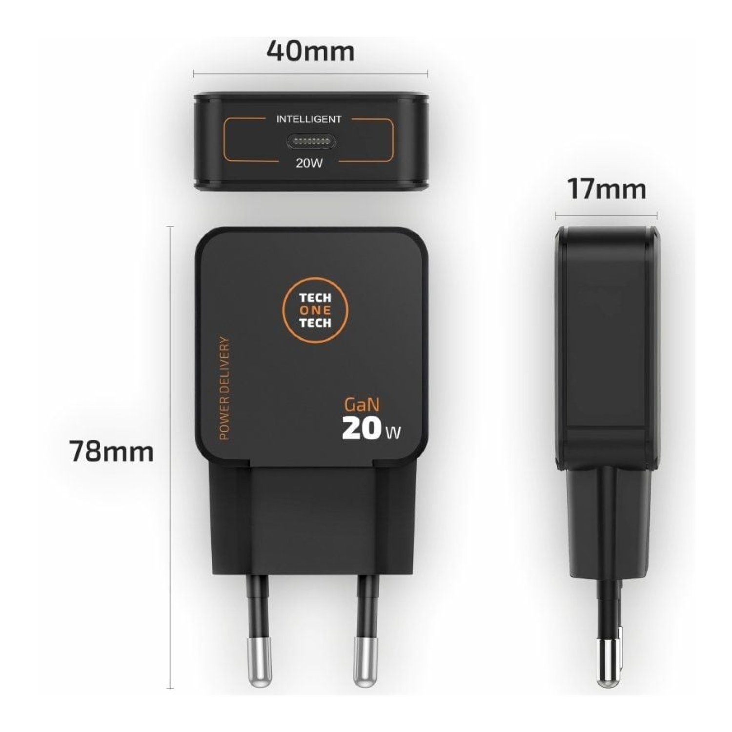 Tech One Tech · Cargador GaN · USB-C · 20W · Cable incluido · Negro