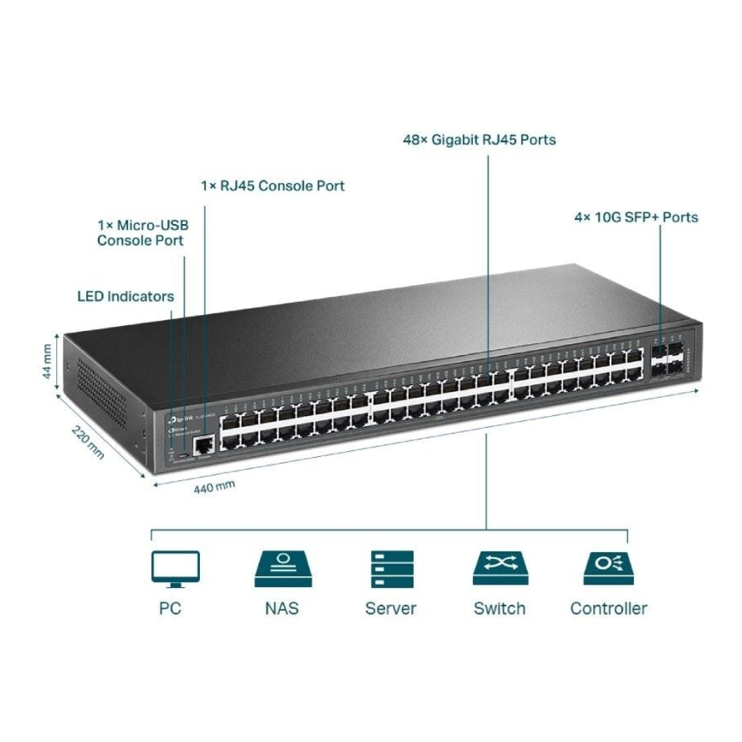 TP-Link Omada JetStream TL-SG3452X · Switch 52 Puertos · 48x Gigabit RJ-45 + 4x SFP+ 10GbE