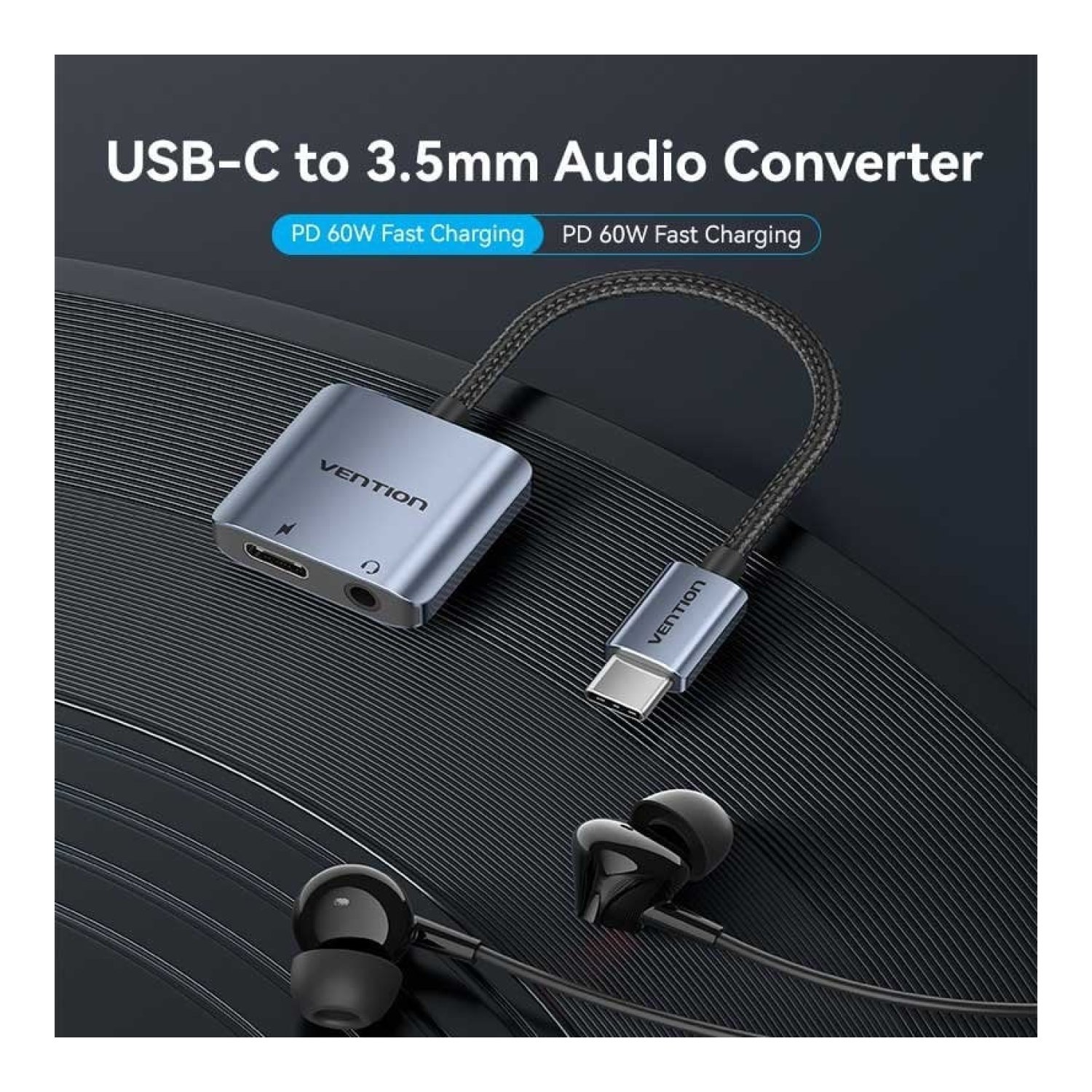Vention · Adaptador USB-C a Jack 3.5mm · Con PD · Gris