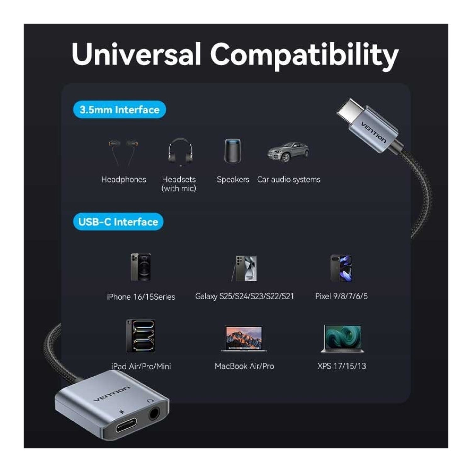 Vention · Adaptador USB-C a Jack 3.5mm · Con PD · Gris
