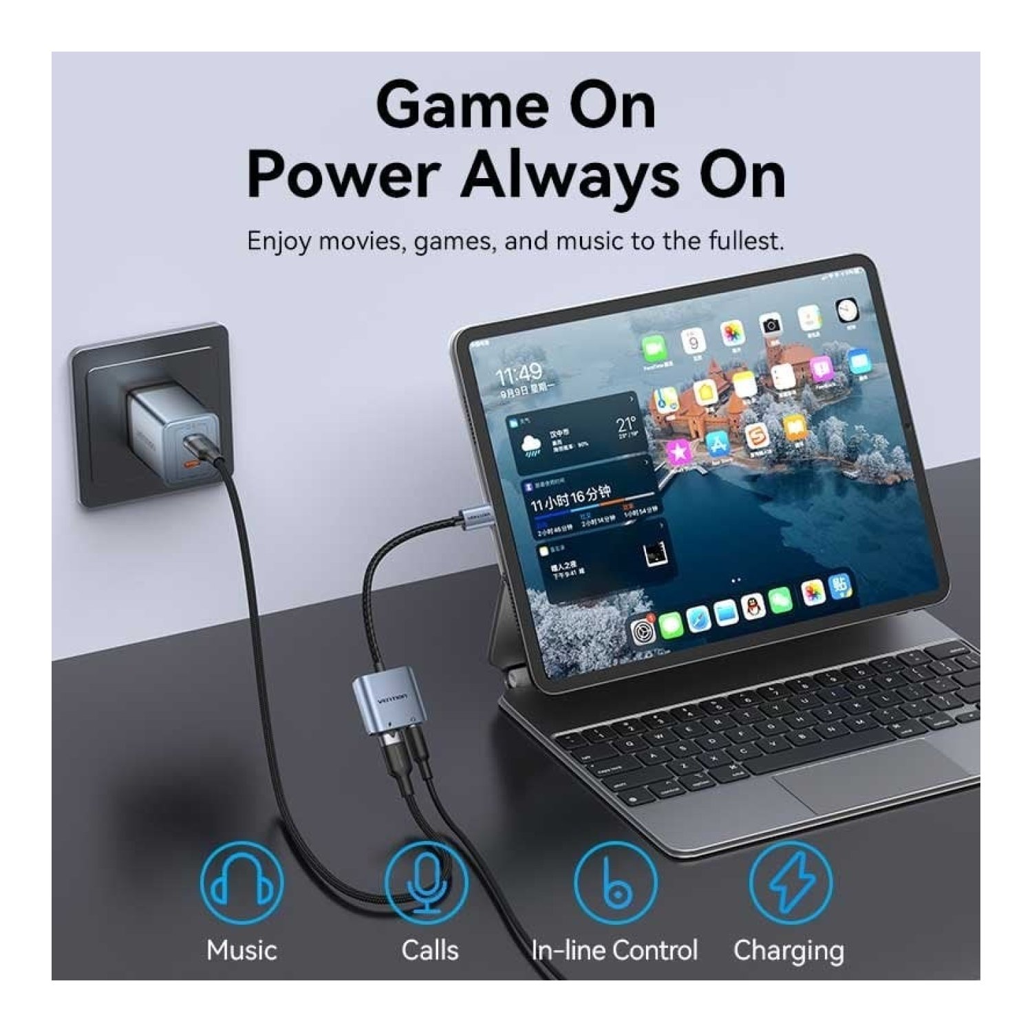 Vention · Adaptador USB-C a Jack 3.5mm · Con PD · Gris