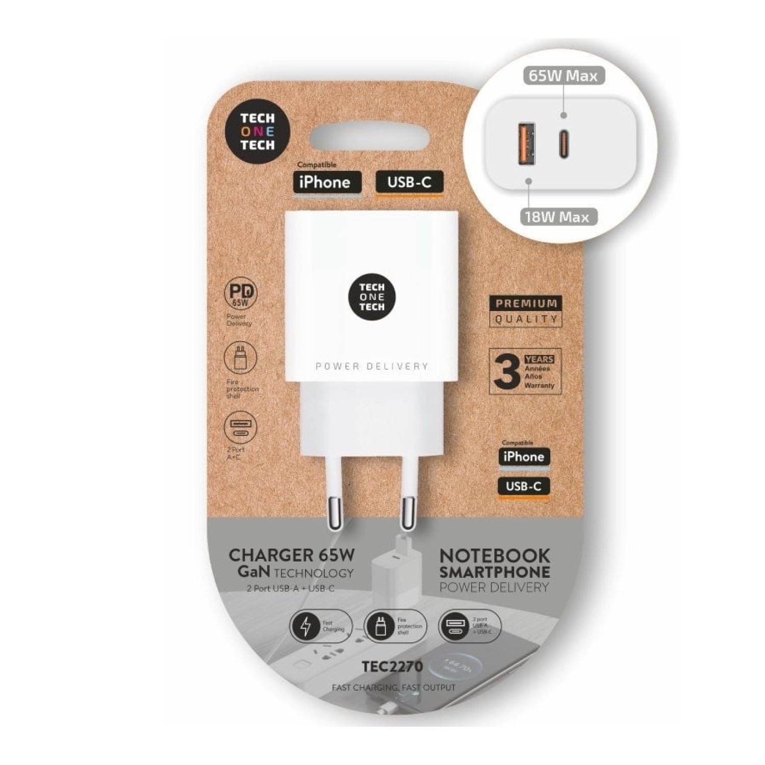 Tech One Tech Cargador GaN · 65W · 1xUSB-C · 1xUSB · Blanco