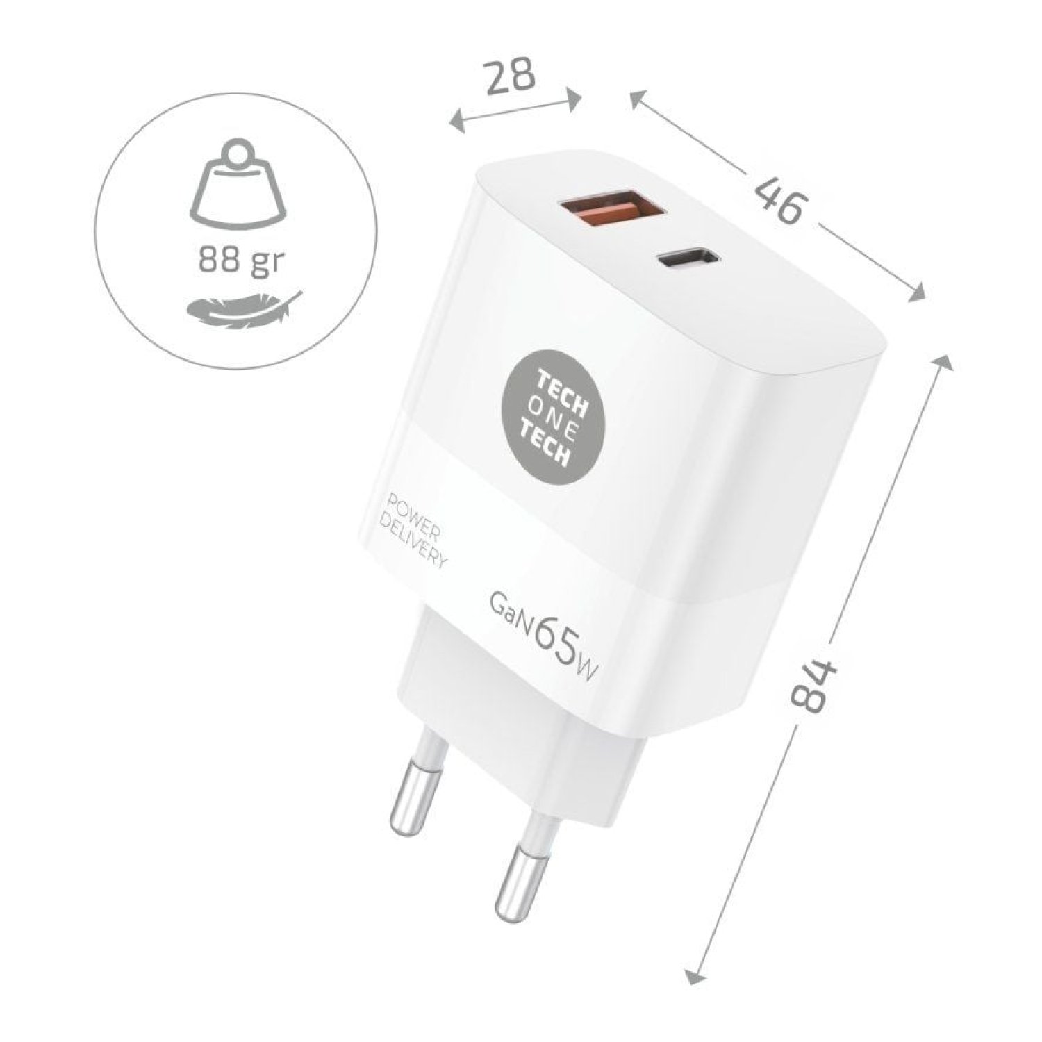 Tech One Tech Cargador GaN · 65W · 1xUSB-C · 1xUSB · Blanco