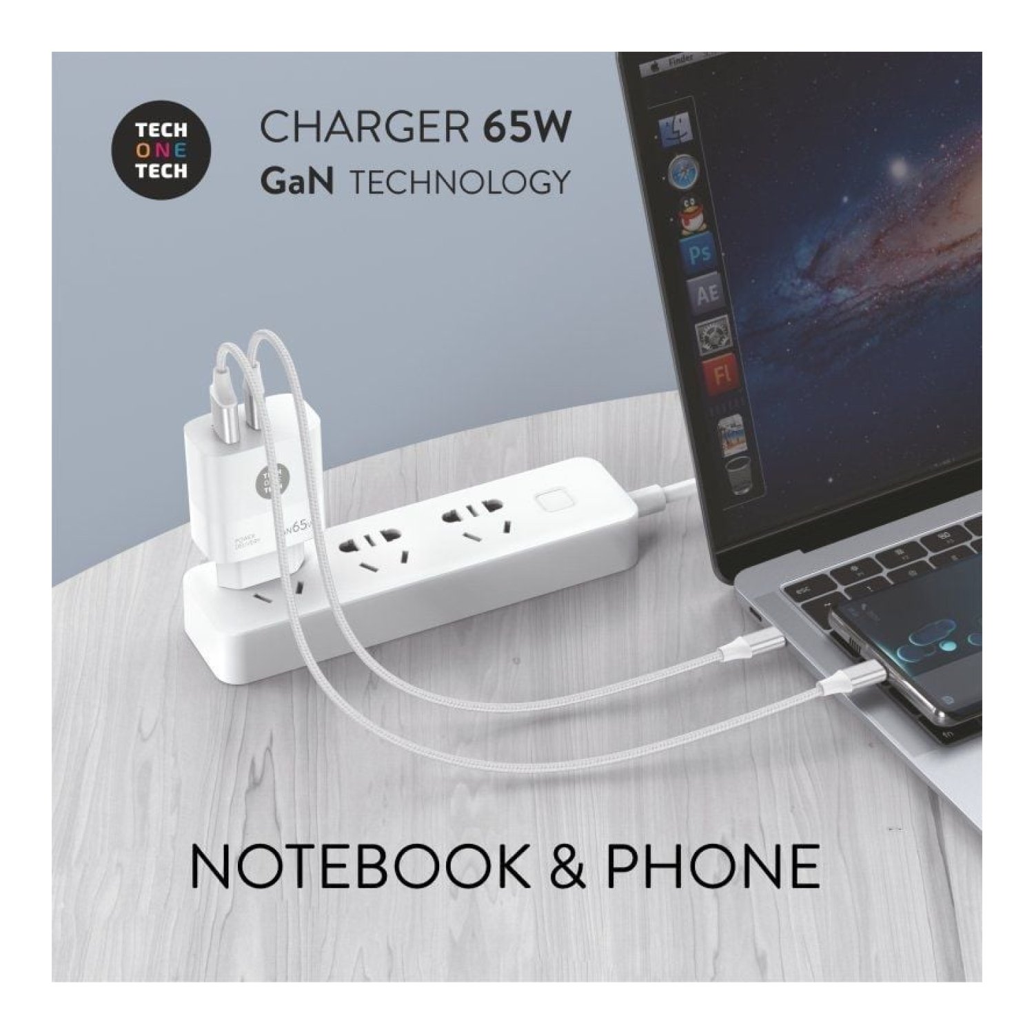 Tech One Tech Cargador GaN · 65W · 1xUSB-C · 1xUSB · Blanco