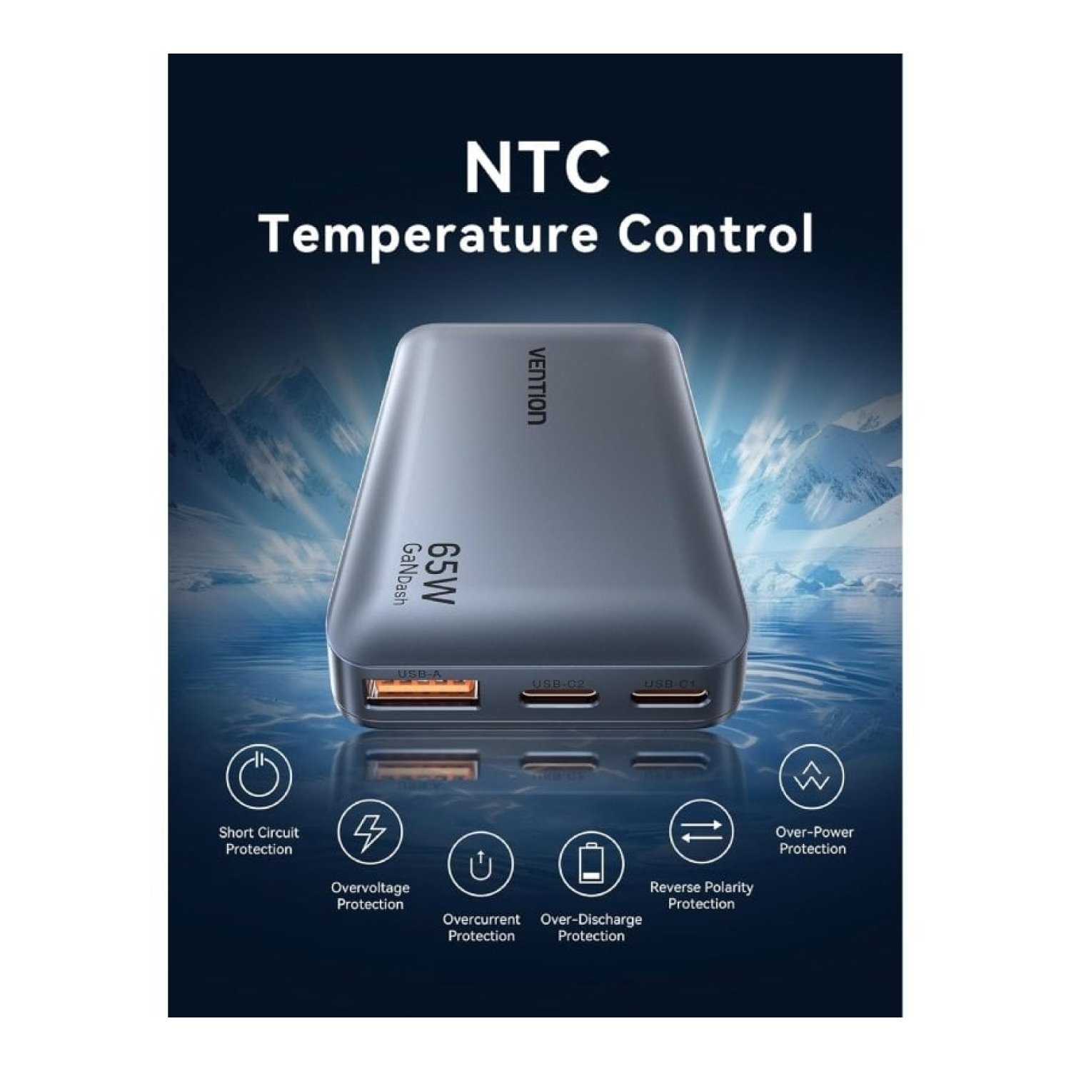 Vention · Cargador GaN 65W · 2 USB-C + USB · Viaje