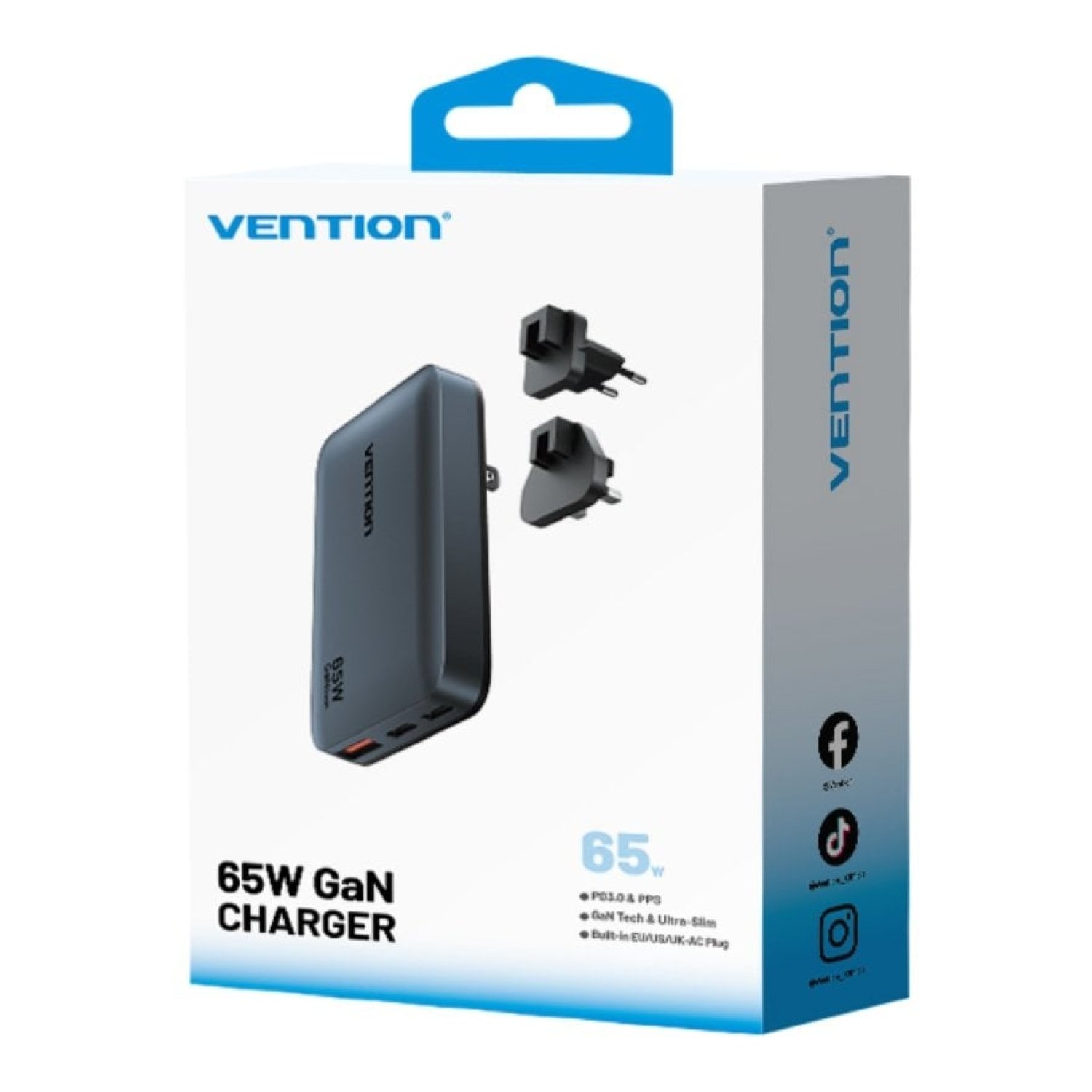 Vention · Cargador GaN 65W · 2 USB-C + USB · Viaje