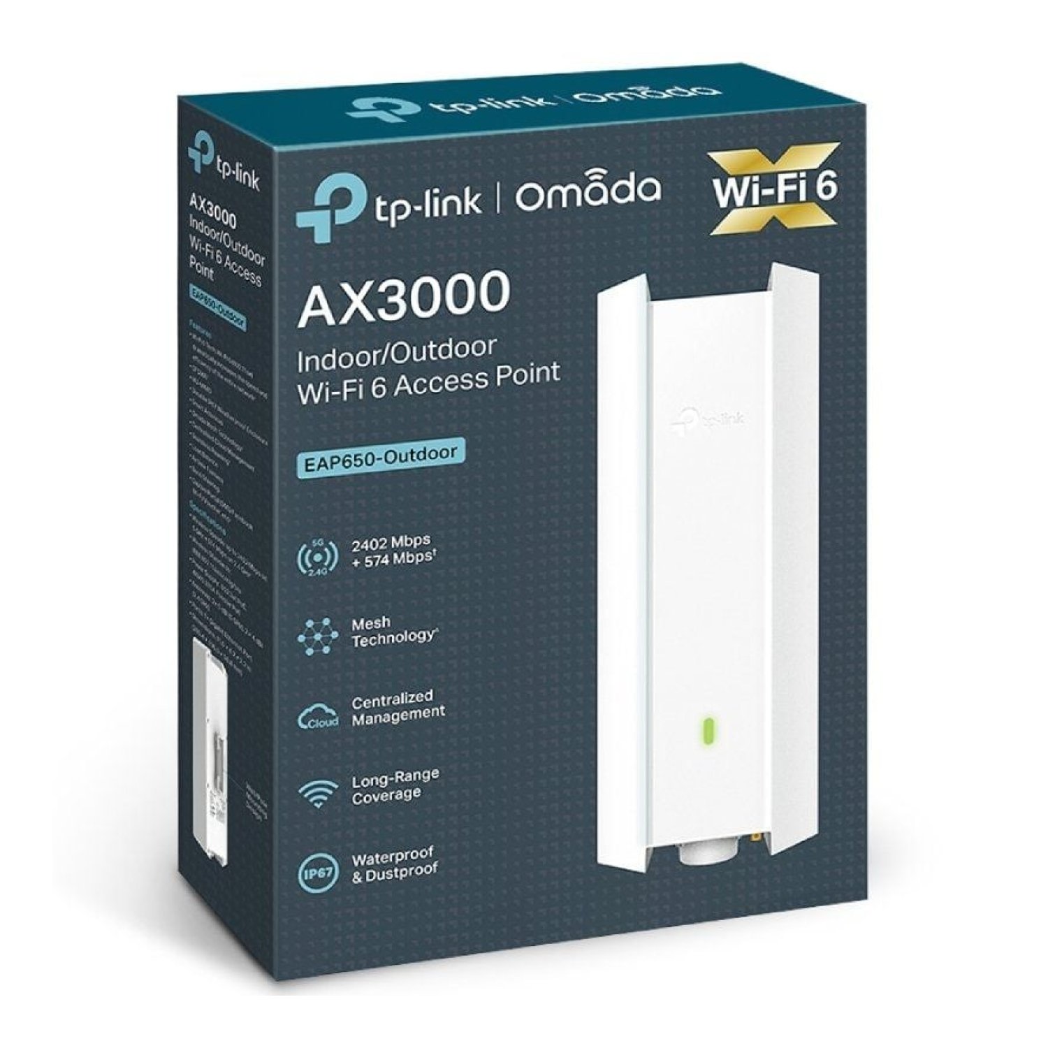 TP-Link Omada EAP650-OUTDOOR · Punto de Acceso WiFi 6 · 3000Mbps · PoE+ · Antenas 5dBi