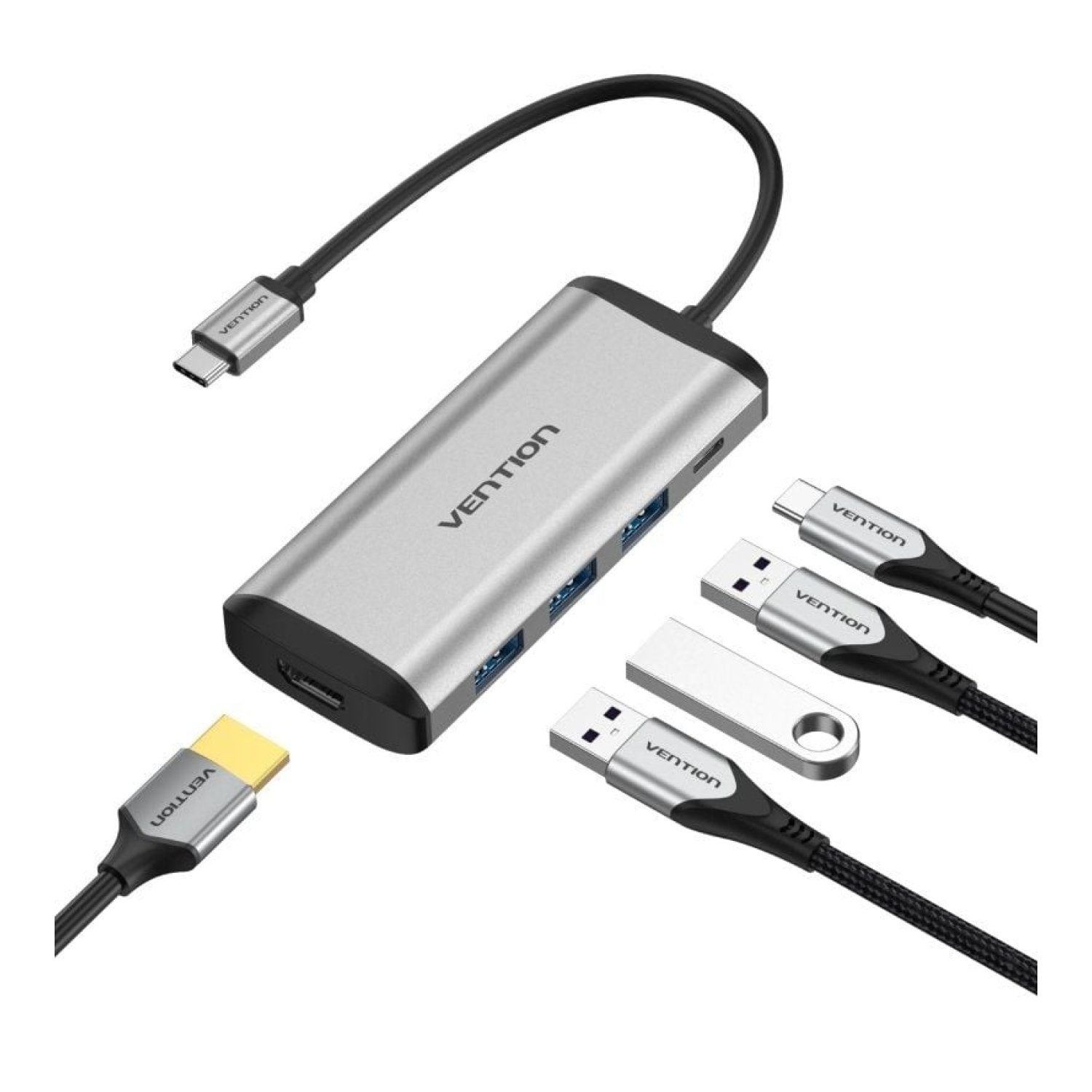 Vention Docking USB-C · HDMI 4K · 3xUSB · USB-C PD · Gris