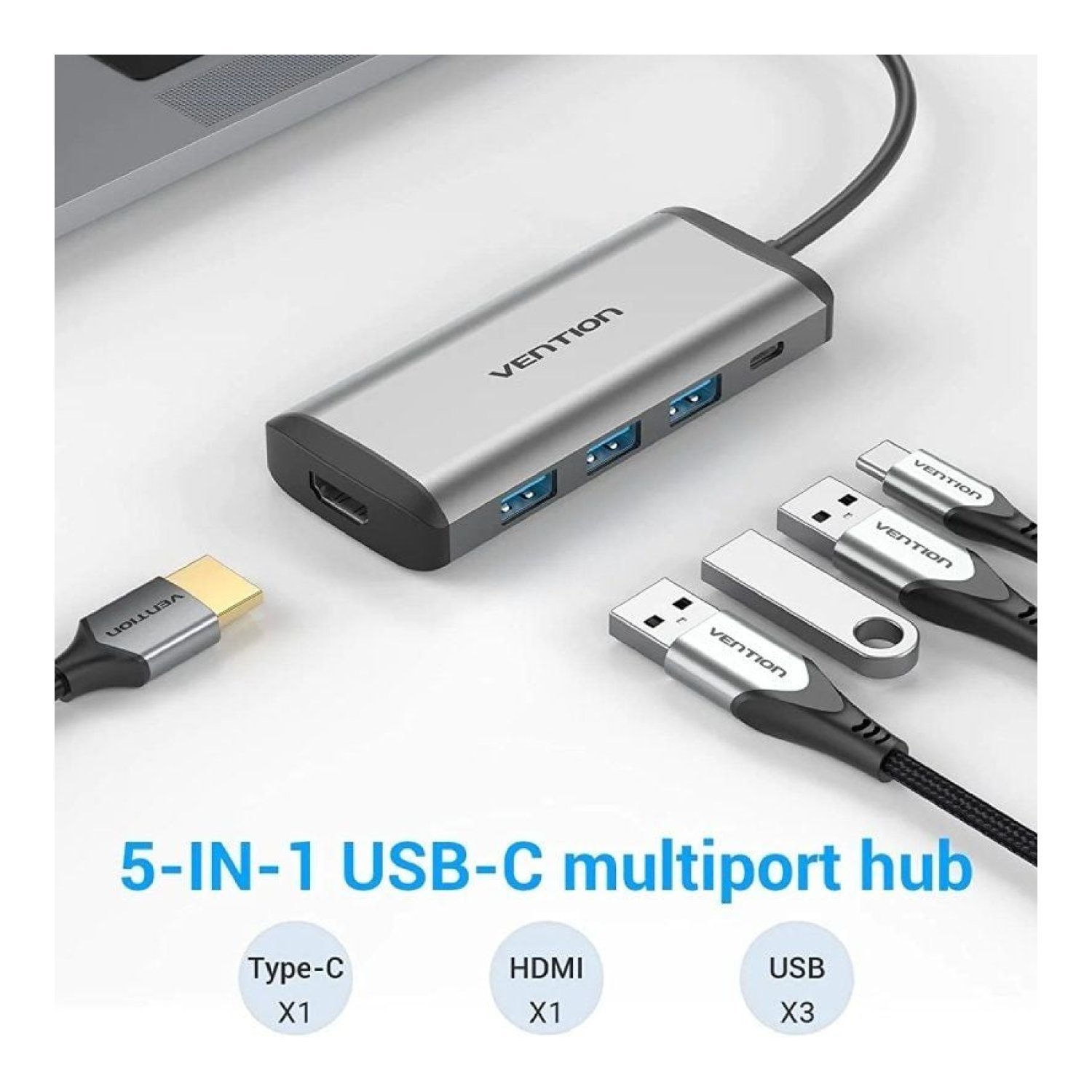 Vention Docking USB-C · HDMI 4K · 3xUSB · USB-C PD · Gris