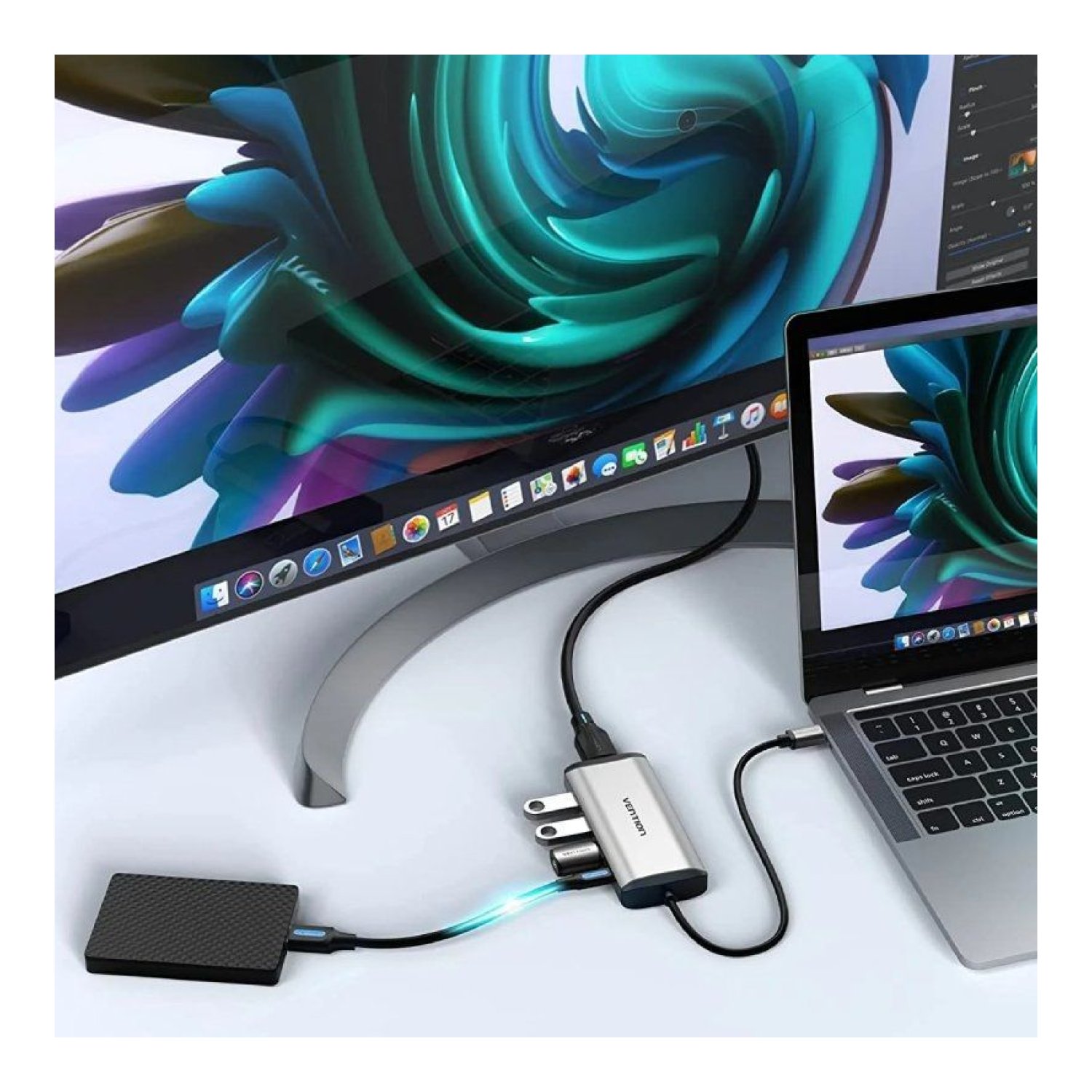 Vention Docking USB-C · HDMI 4K · 3xUSB · USB-C PD · Gris