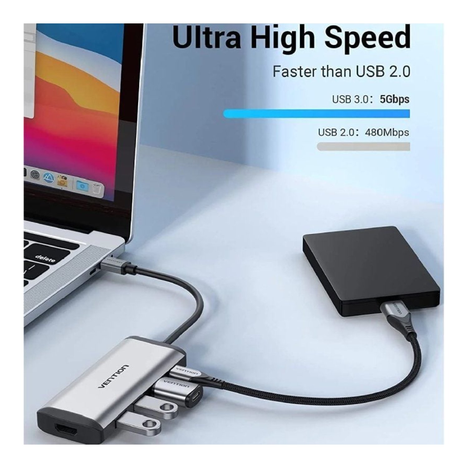 Vention Docking USB-C · HDMI 4K · 3xUSB · USB-C PD · Gris