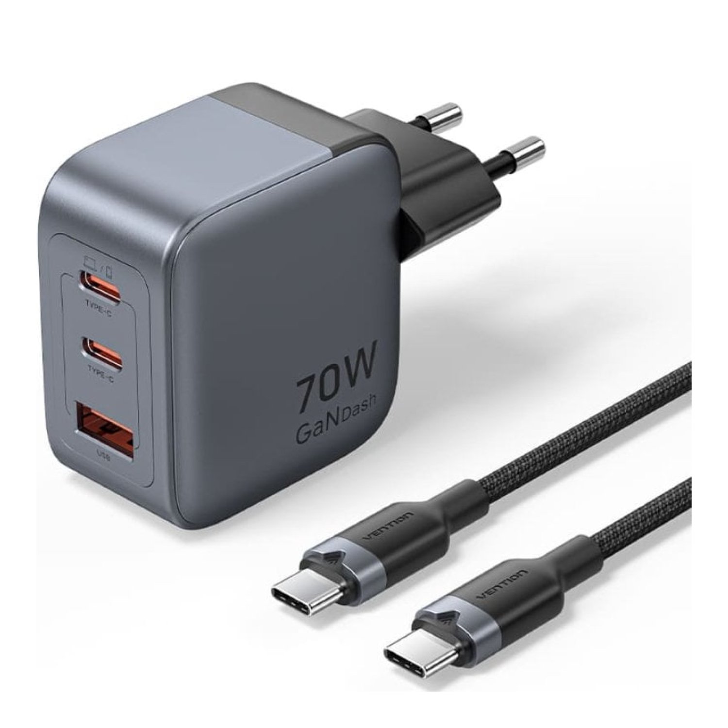 Vention Cargador GaN 70W · 2 USB-C + 1 USB-A · Cable USB-C Incluido