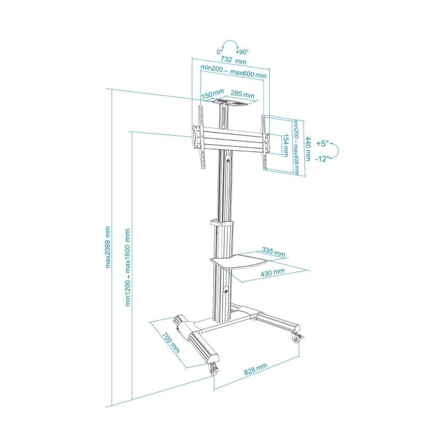 TooQ FS1870M-B · Soporte Suelo Inclinable · 37-70" · Hasta 50kg · Con Ruedas