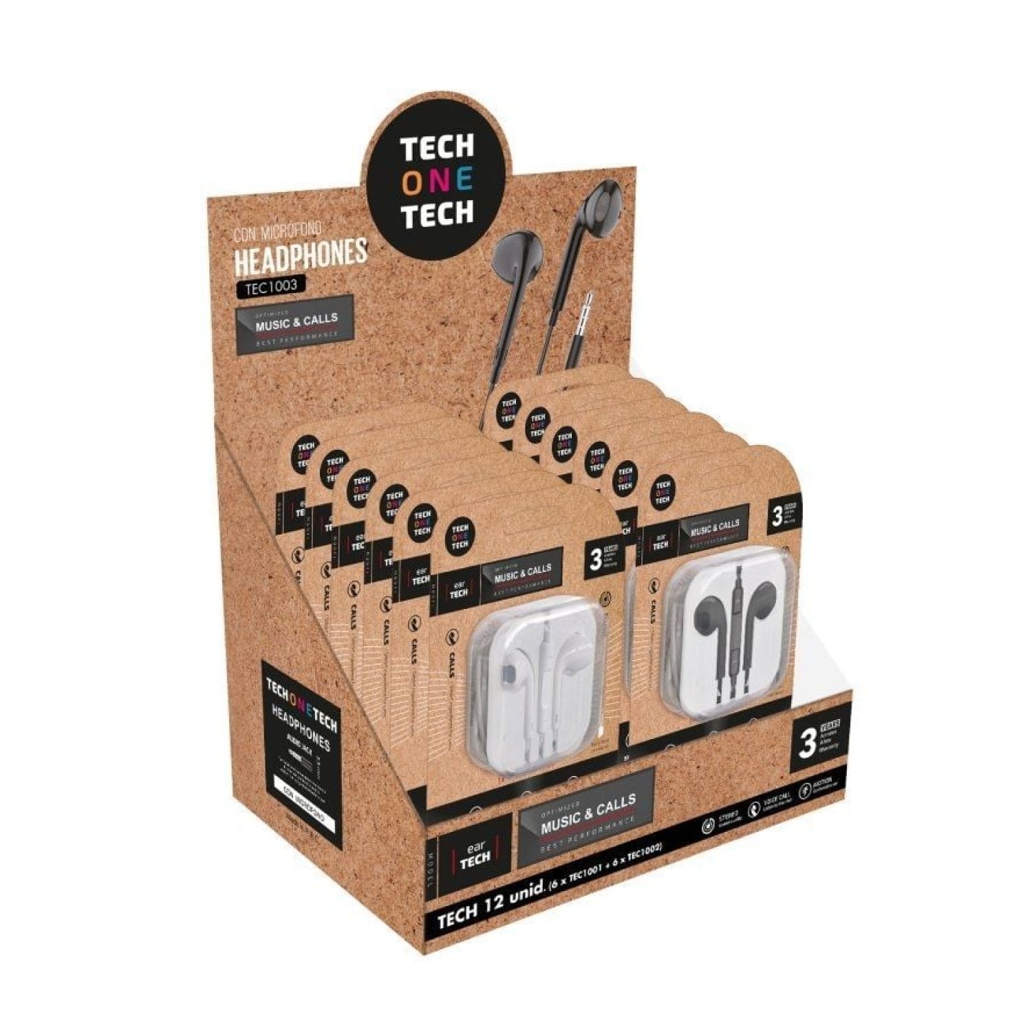 Expositor de Auriculares Tech One Tech EarTECH TEC1003 / con Micrófono/ Jack 3.5/ Incluye 6 Auriculares Blancos y 6 Auriculares Negros