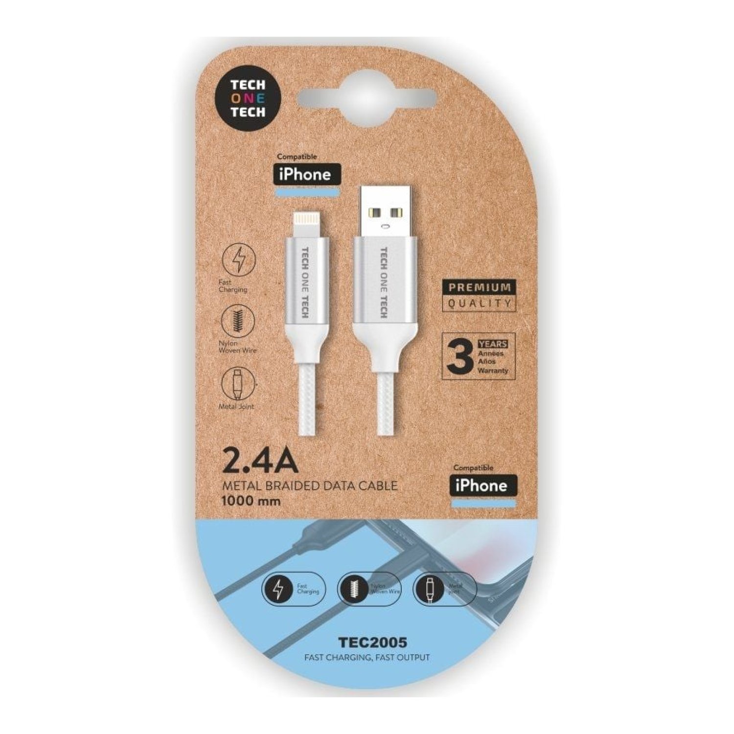 Tech One Tech · Cable USB 2.0 · USB a Lightning · 1m · Blanco