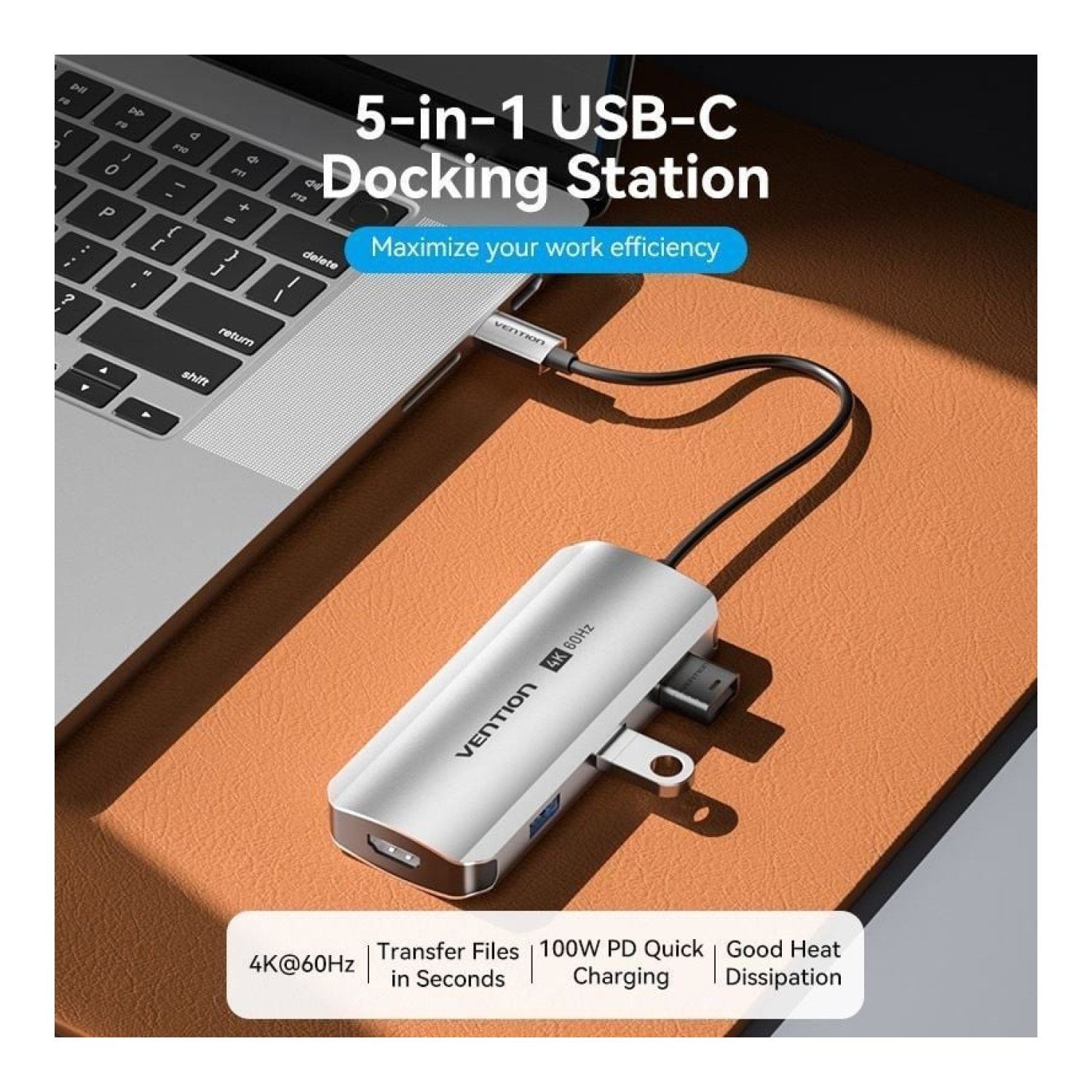 Vention Docking USB Tipo-C · HDMI 4K · 3xUSB · USB-C PD · Gris