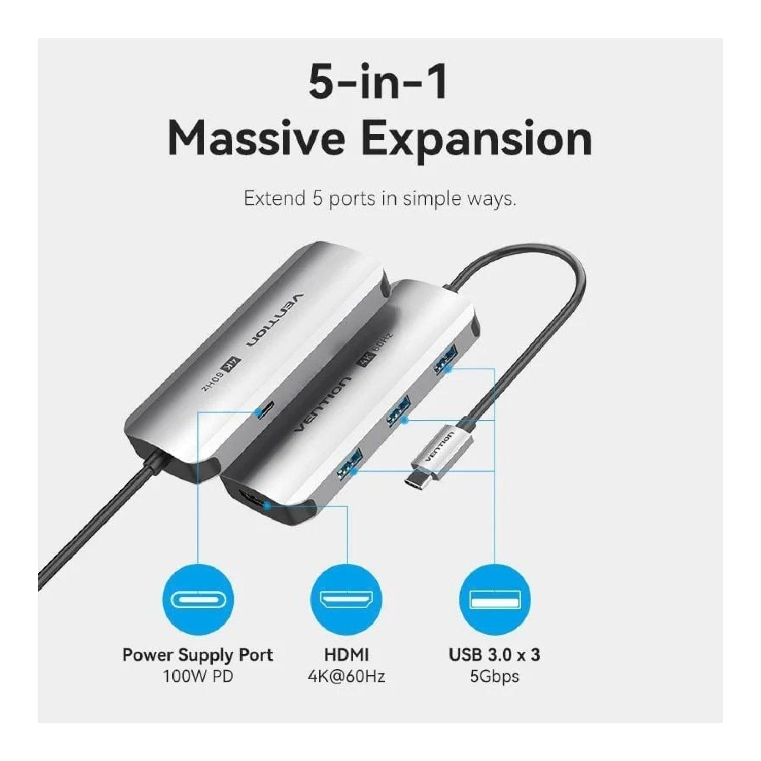 Vention Docking USB Tipo-C · HDMI 4K · 3xUSB · USB-C PD · Gris