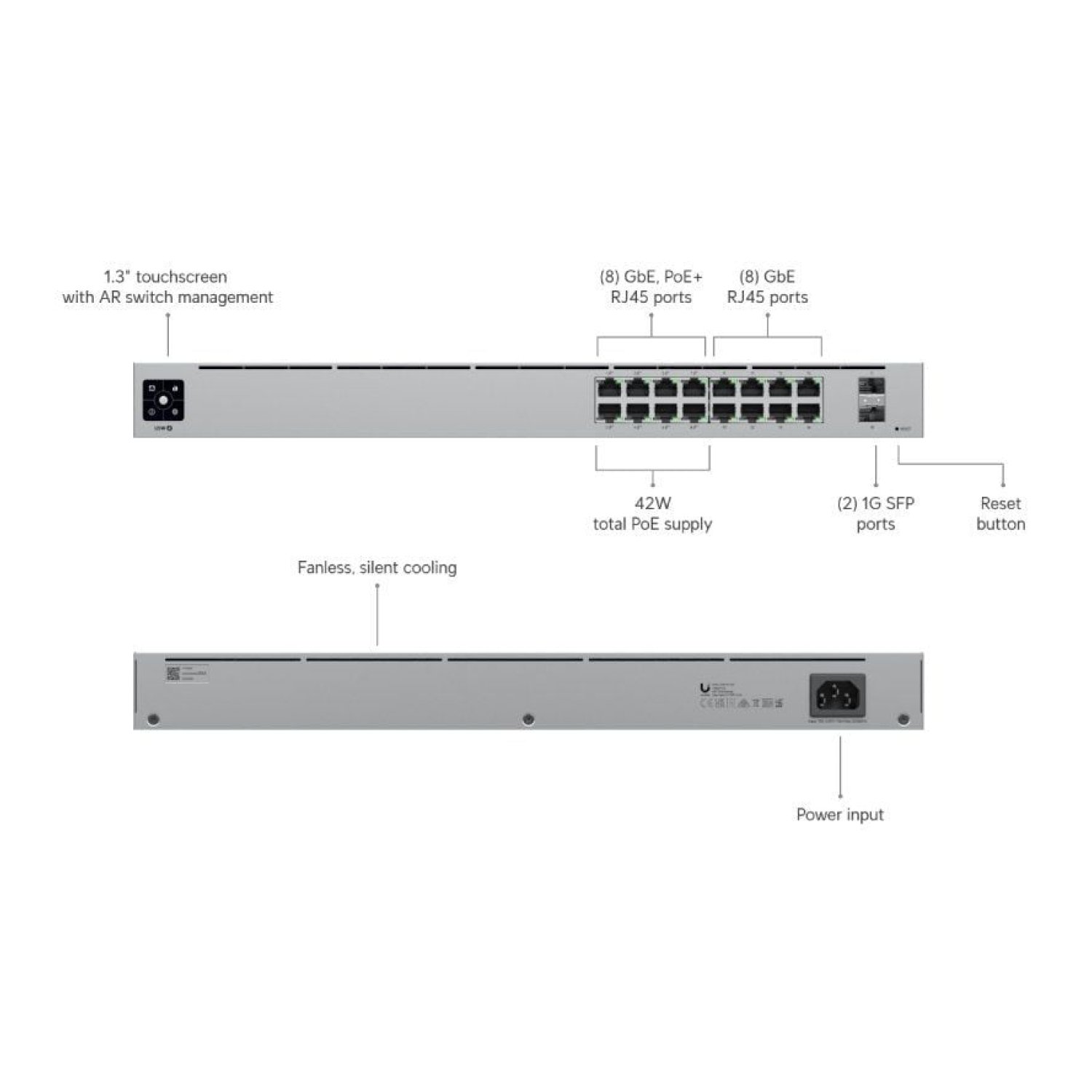 Ubiquiti USW-16-PoE · Switch Gestionable · 16 Puertos Gigabit · PoE+ · SFP