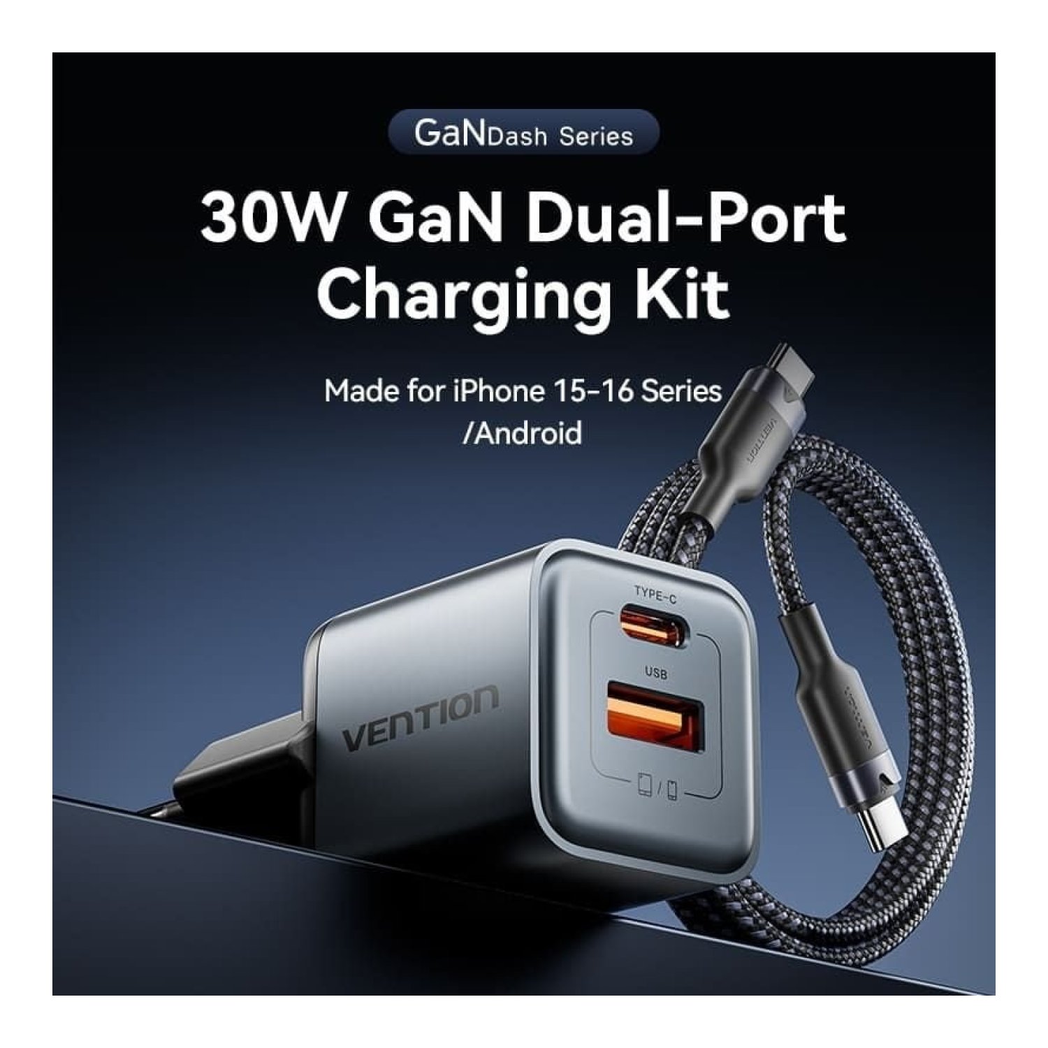 Vention Cargador de Pared GaN · 30W · 1 USB-C · 1 USB · EU