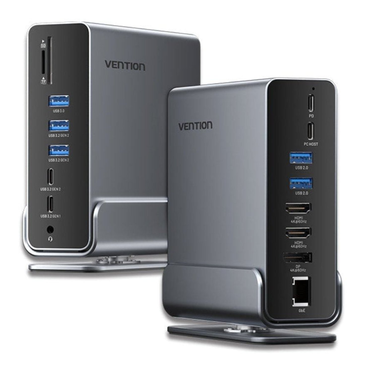 Vention Docking USB Tipo-C · 2xHDMI 4K · DisplayPort · 5xUSB · RJ45 · Gris