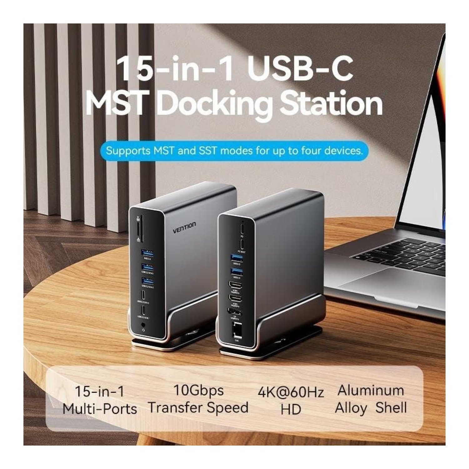 Vention Docking USB Tipo-C · 2xHDMI 4K · DisplayPort · 5xUSB · RJ45 · Gris