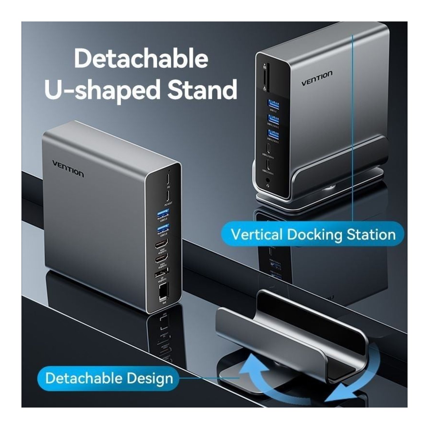 Vention Docking USB Tipo-C · 2xHDMI 4K · DisplayPort · 5xUSB · RJ45 · Gris