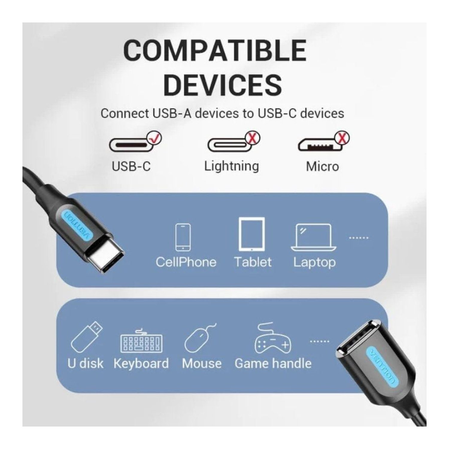 Vention Cable USB 2.0 · USB-C Macho a Hembra · 15cm · 480Mbps · Negro