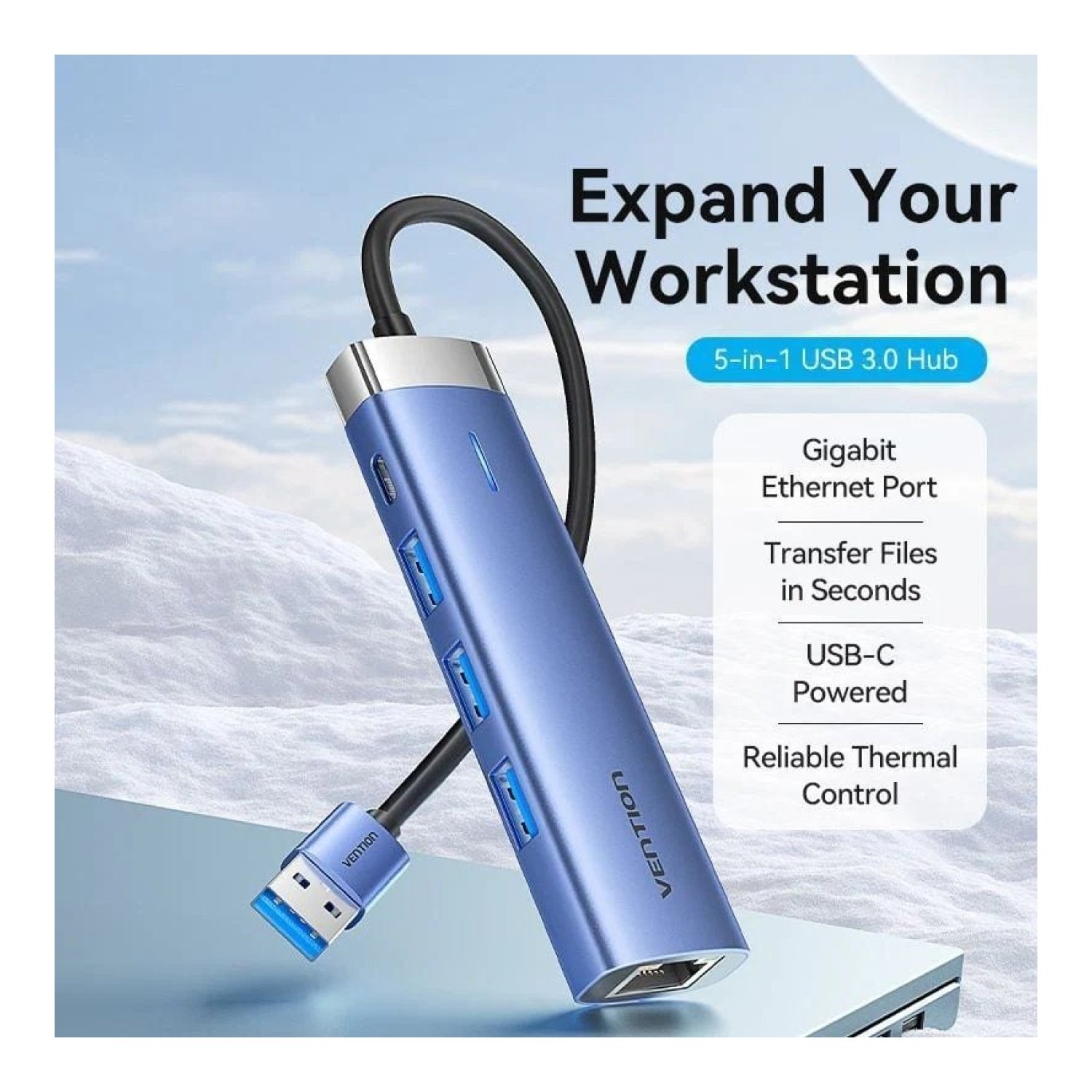 Vention Hub USB 3.0 · 3 Puertos USB · RJ45 · USB-C PD · Azul
