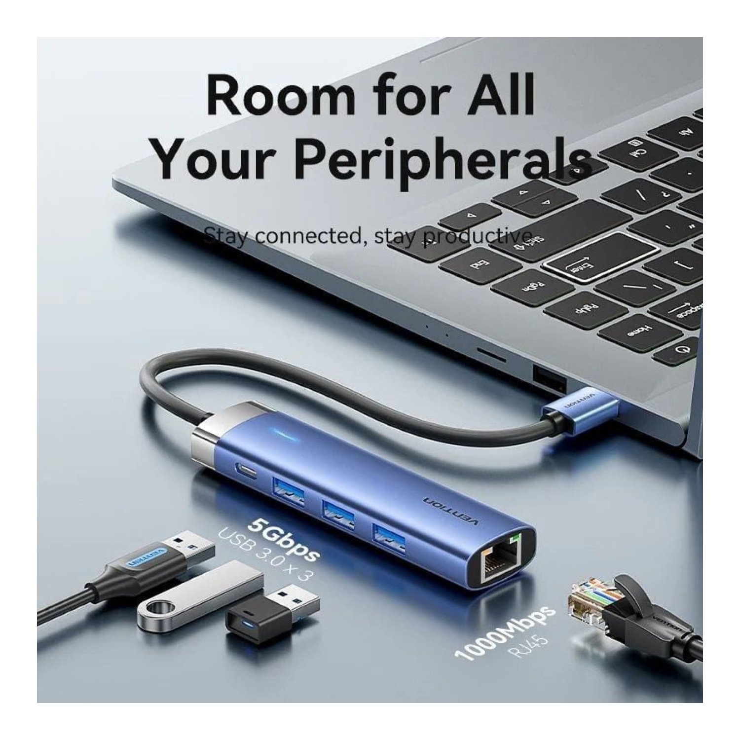 Vention Hub USB 3.0 · 3 Puertos USB · RJ45 · USB-C PD · Azul