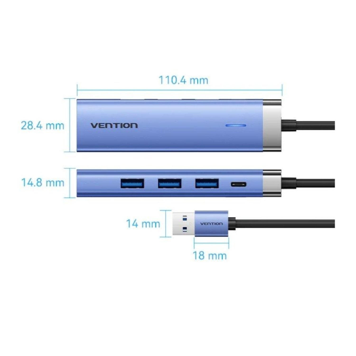 Vention Hub USB 3.0 · 3 Puertos USB · RJ45 · USB-C PD · Azul