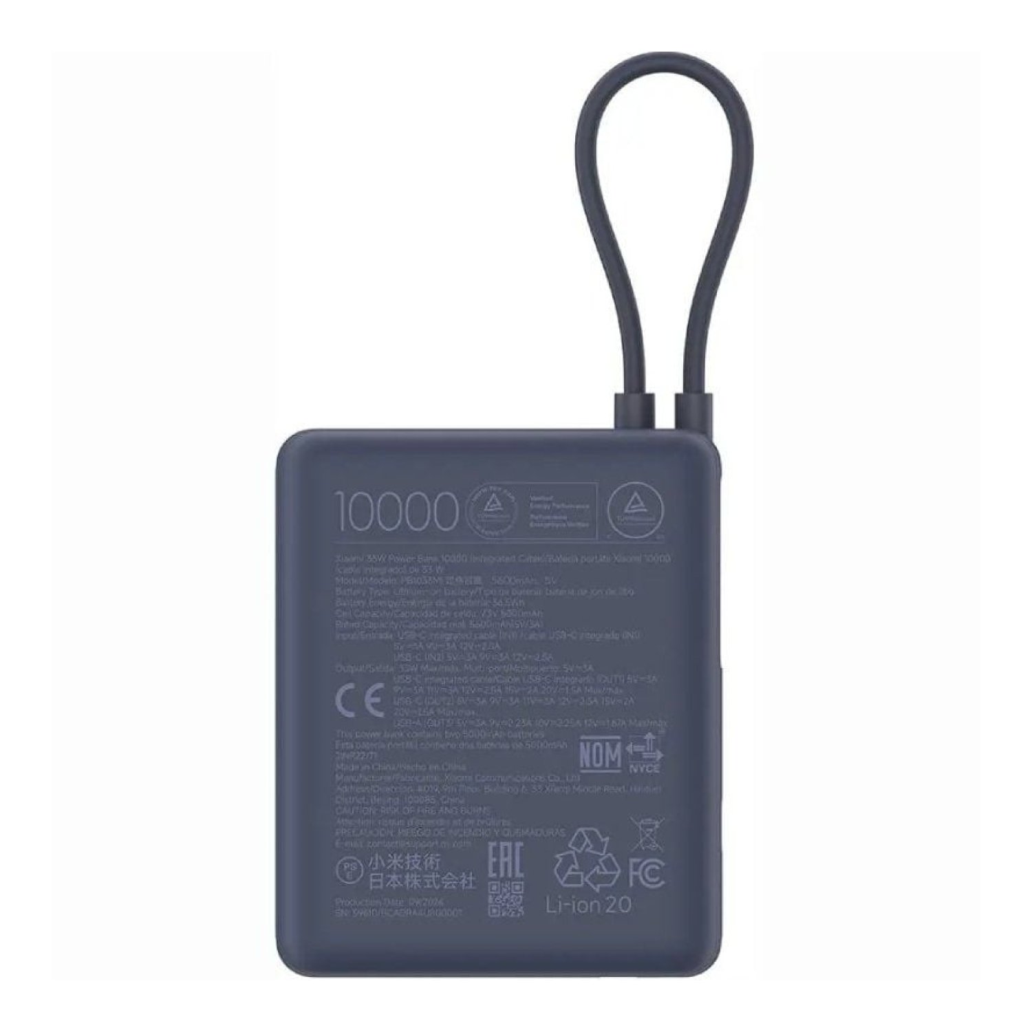 Xiaomi Power Bank 10000mAh · 33W · Cable USB-C Integrado · Azul