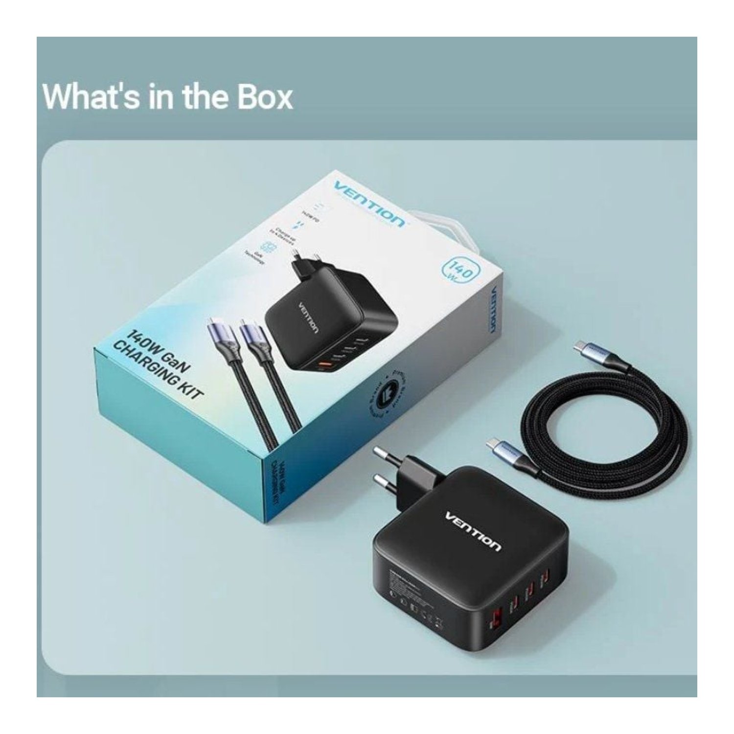 Vention Cargador GaN · 140W · 3 USB-C + 1 USB · Incluye Cable USB-C