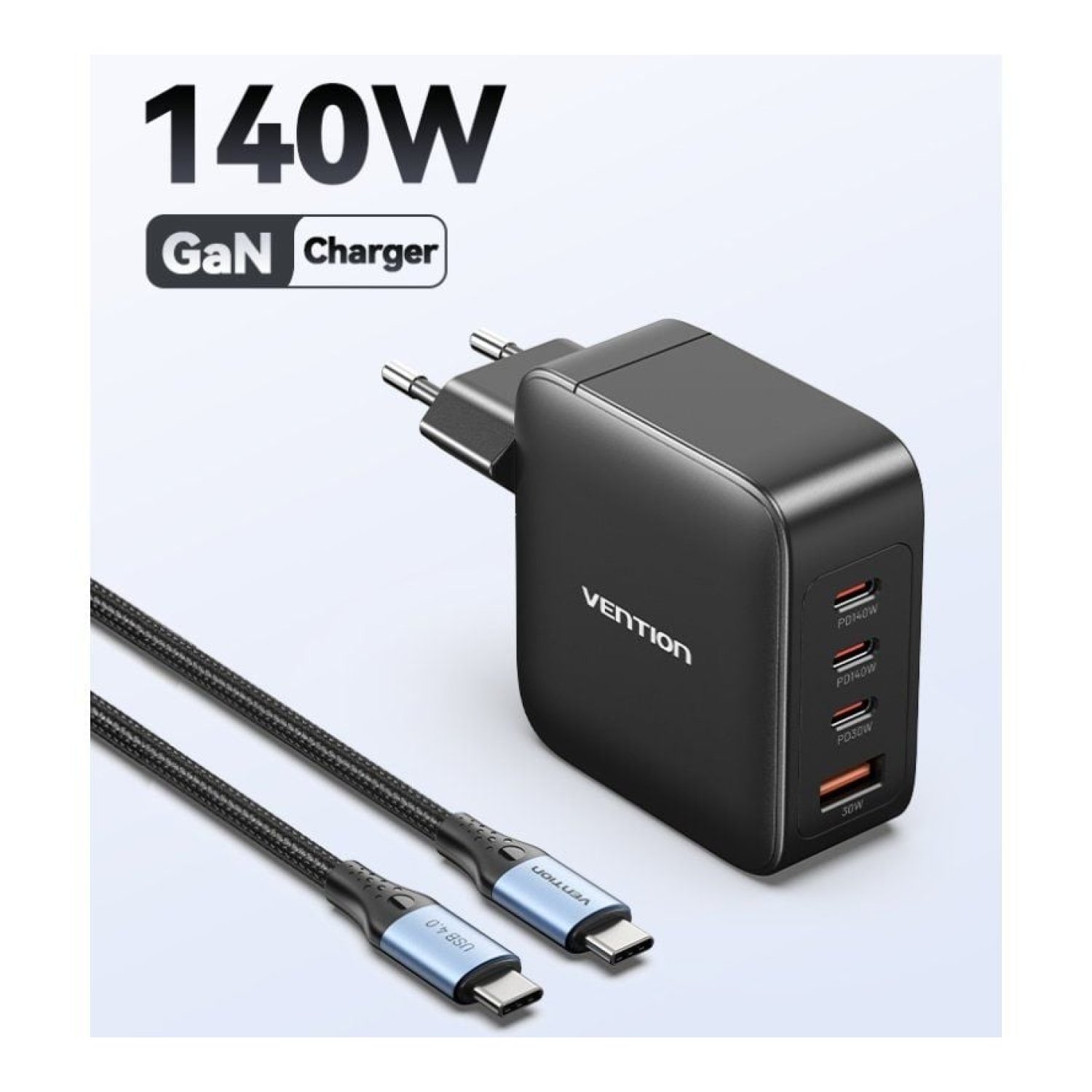 Vention Cargador GaN · 140W · 3 USB-C + 1 USB · Incluye Cable USB-C