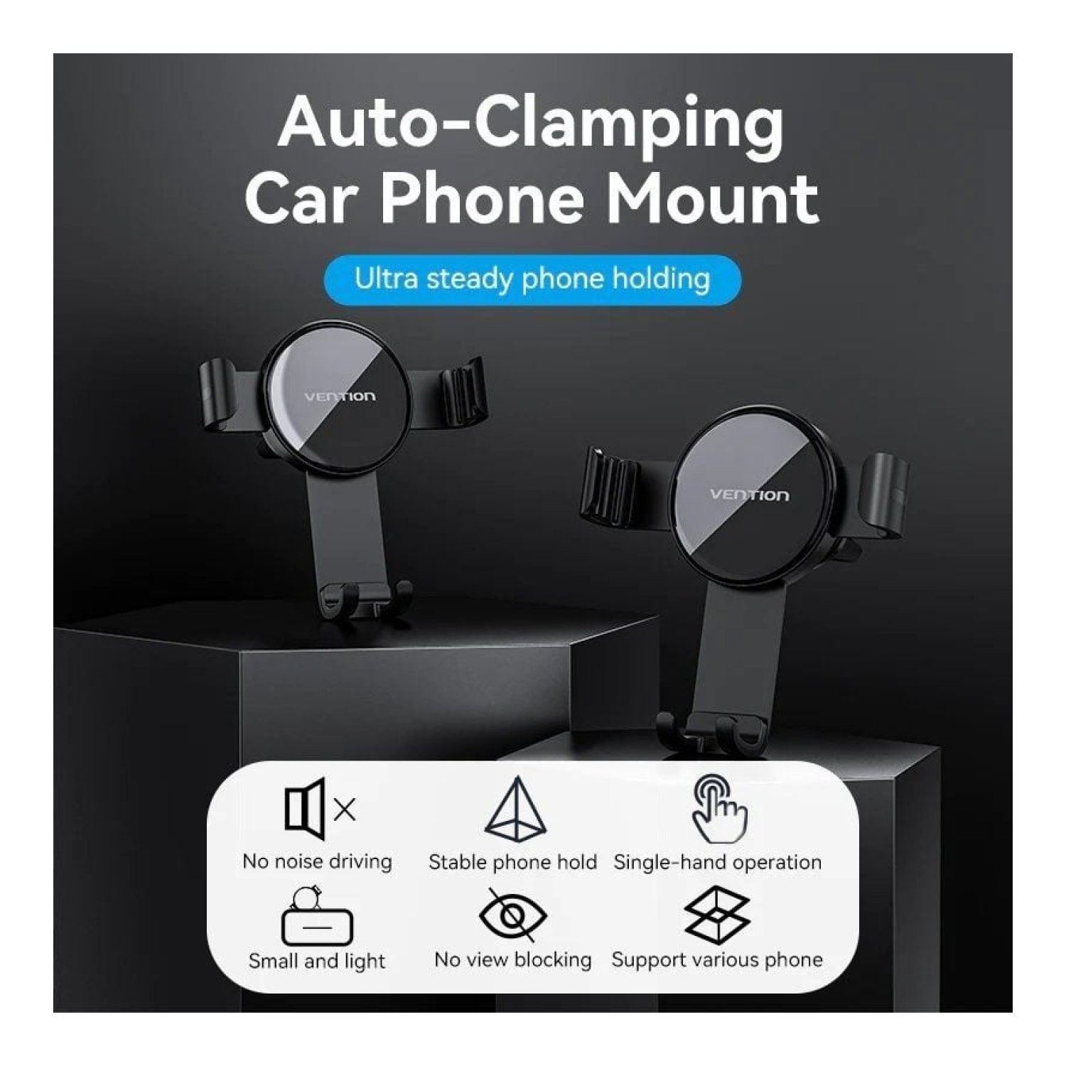 Vention · Soporte Smartphone para Coche · Negro · Agarre Ajustable