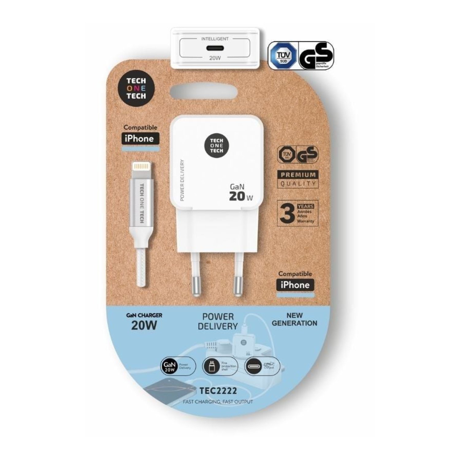 Tech One Tech · Cargador USB-C 20W · 1 Puerto + Cable Lightning · Blanco
