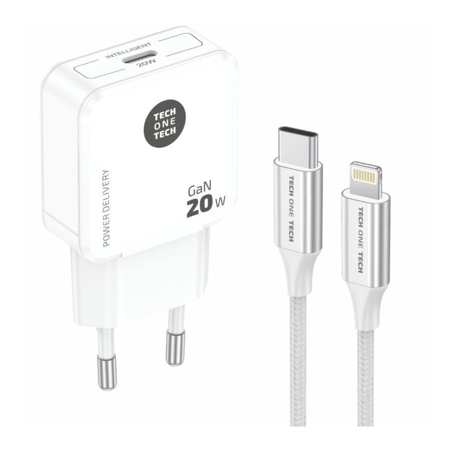 Tech One Tech · Cargador USB-C 20W · 1 Puerto + Cable Lightning · Blanco