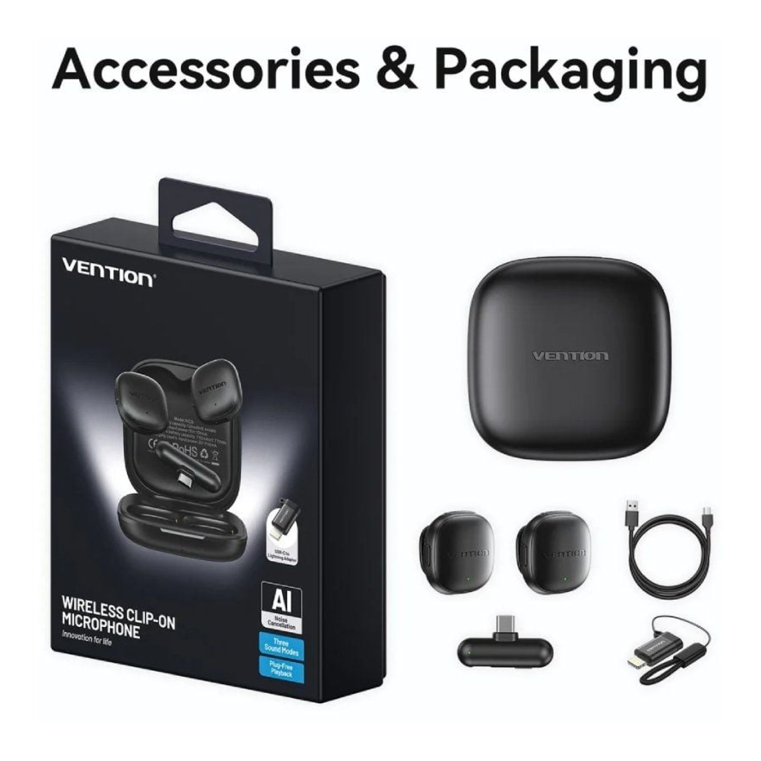 Vention Lavalier Inalámbrico · Micrófono de Solapa · USB-C/Lightning · 2 Unidades + Receptor