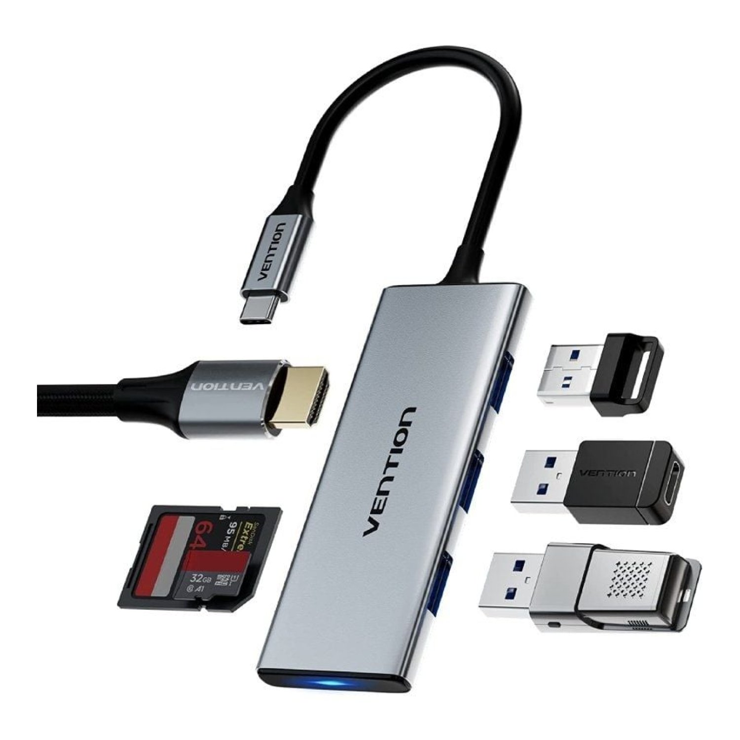 Vention Docking USB Tipo-C · 1 HDMI · 3 USB · Lector SD/MicroSD · Gris