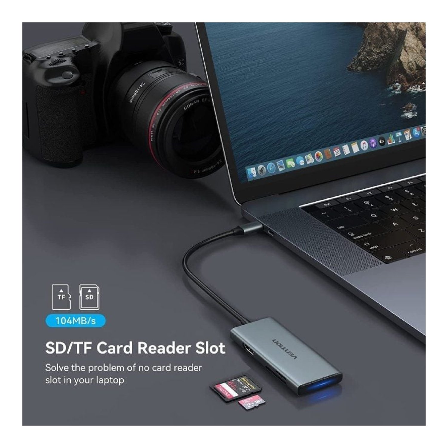 Vention Docking USB Tipo-C · 1 HDMI · 3 USB · Lector SD/MicroSD · Gris