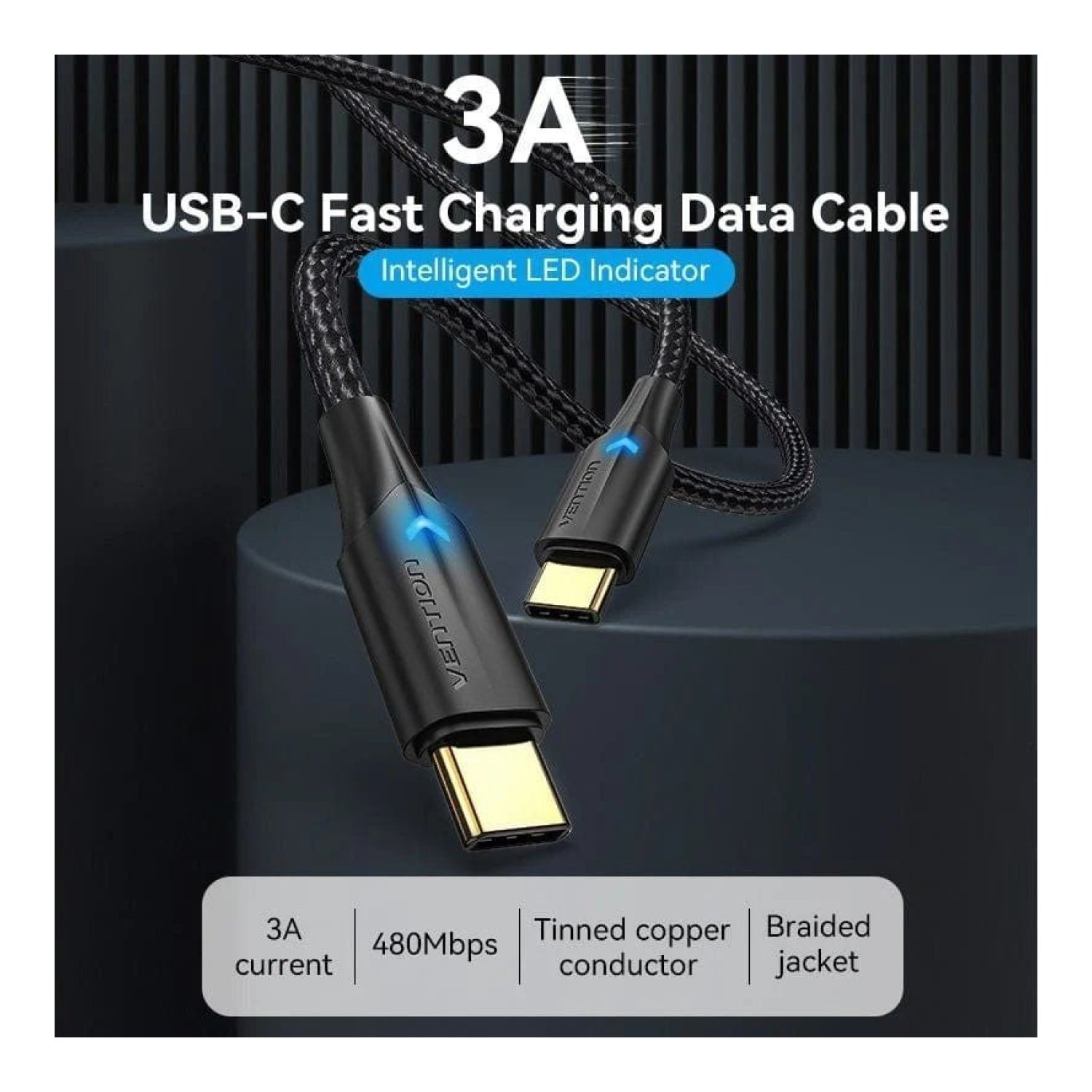 Vention Cable USB-C a USB-C · 1m · 3A · 60W · 480Mbps · Negro