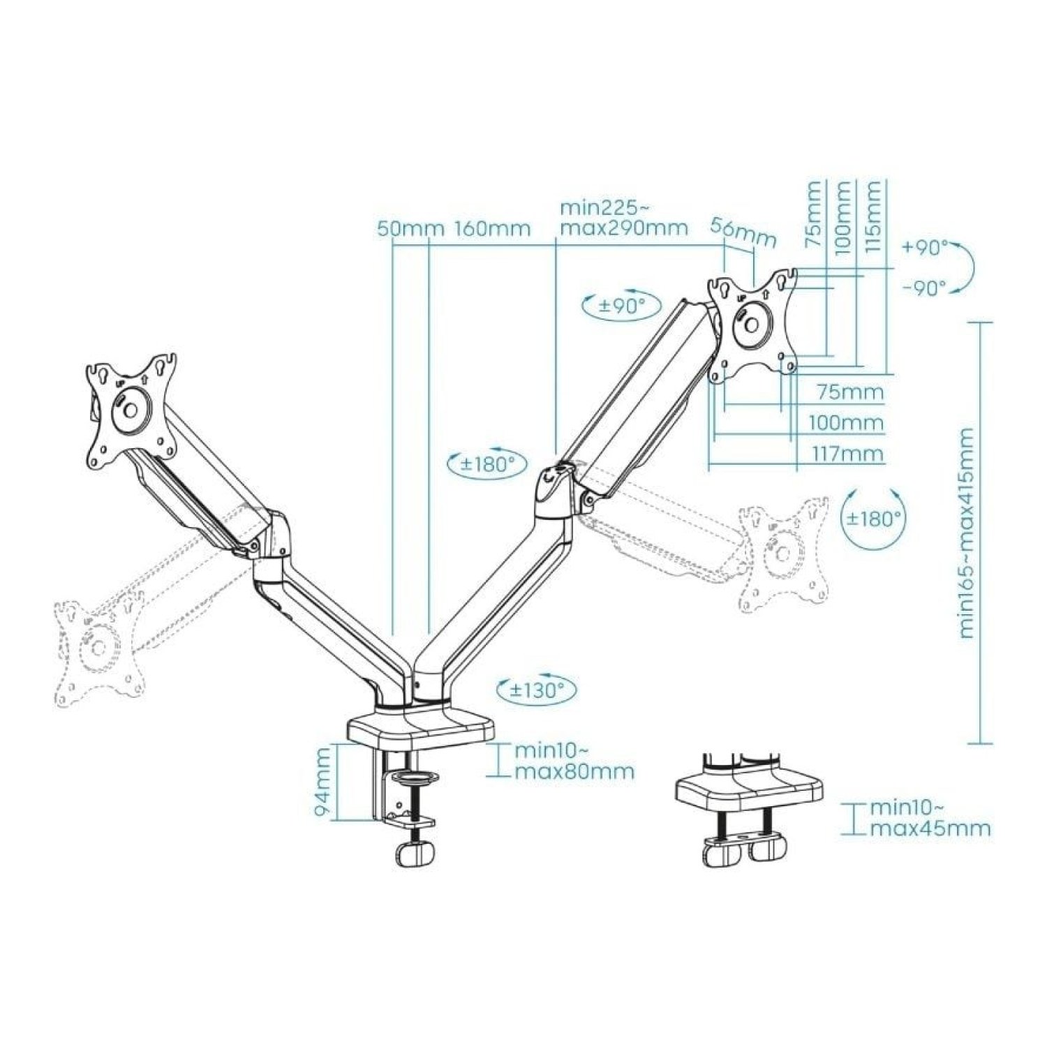 TooQ DB5132TNR · Soporte Doble Monitor · Giratorio · Inclinable · hasta 9kg