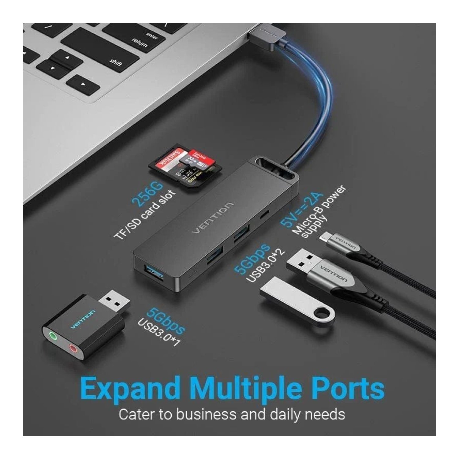 Vention Hub USB 3.0 · 3x USB · 1x Micro USB PD · Lector Tarjetas