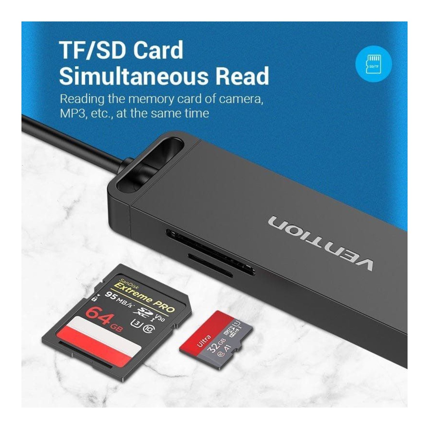 Vention Hub USB 3.0 · 3x USB · 1x Micro USB PD · Lector Tarjetas