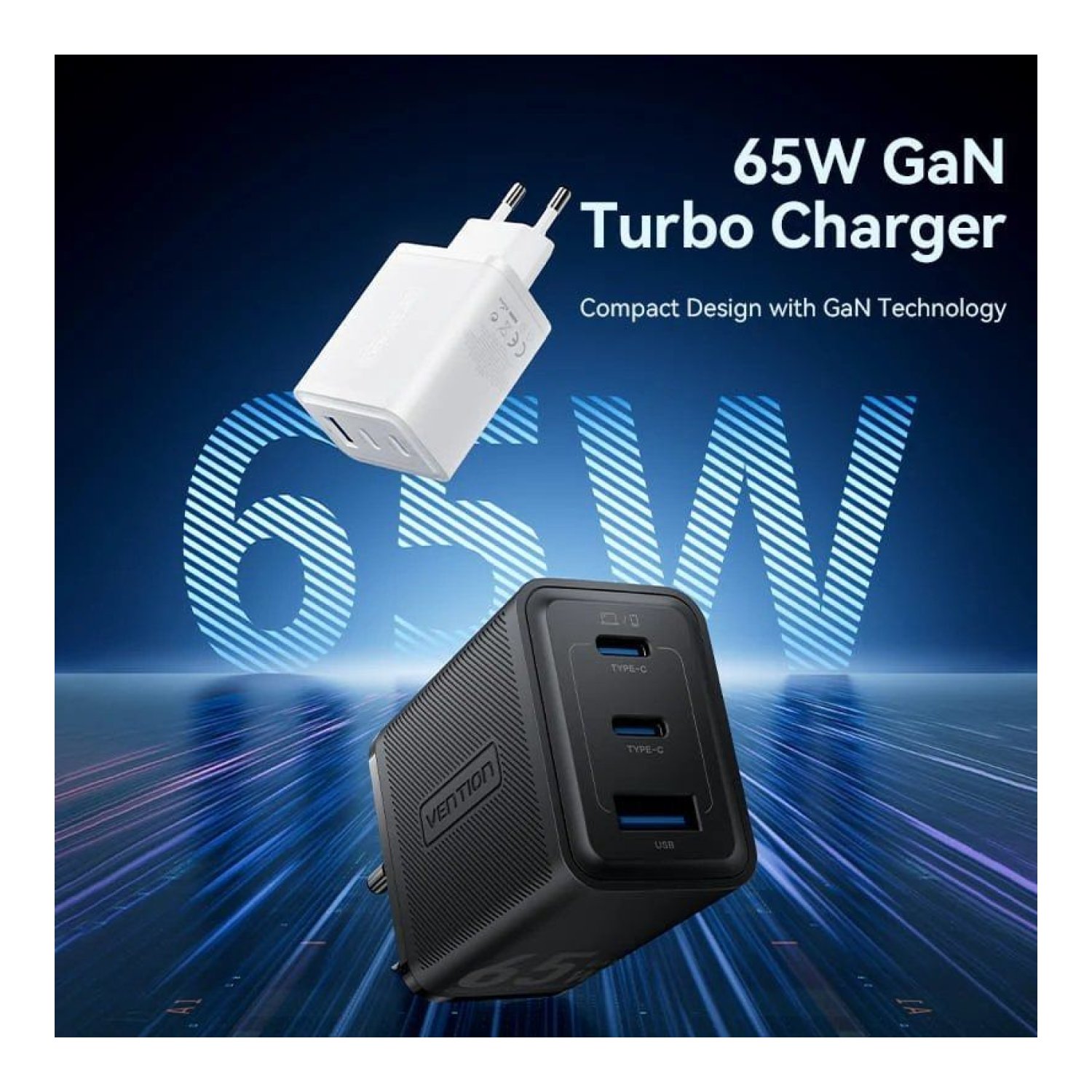 Vention Cargador GaN de Pared · 65W · 2 USB-C + 1 USB · Carga Rápida
